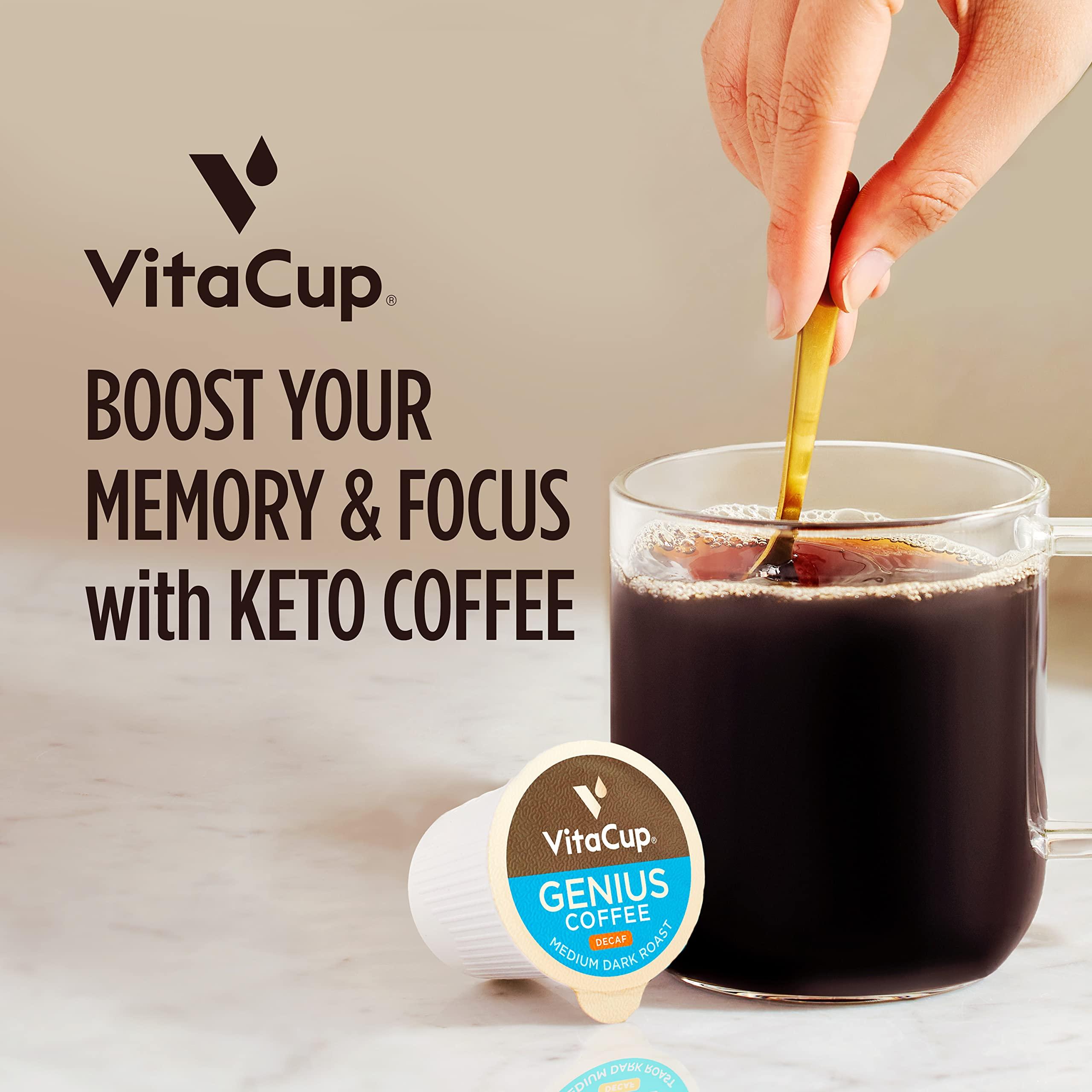 VitaCup Decaf Genius Keto Coffee Pods with MCT Oil, Turmeric, and B Vitamins by VitaCup for Focus in Recyclable Single Serve Pod Compatible with K-Cup Brewers Including Keurig 2.0, 32 CT