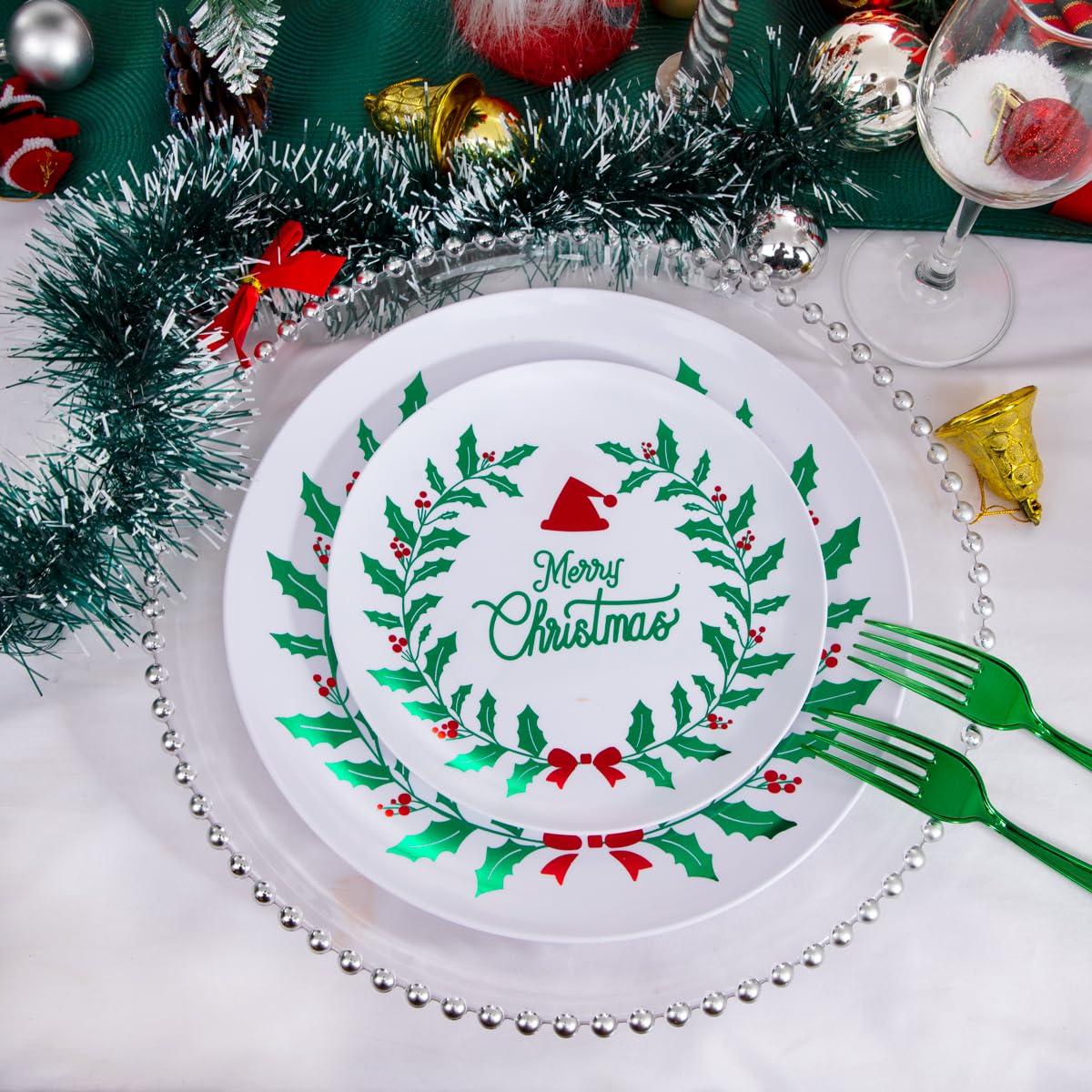 DaYammi DaYammi 60 PCS Christmas Plates White and Green Plastic Plates Red and Green Christmas Disposable Party Plates Include: 30 Christmas Dinner Plates 10.25\", 30 Dessert Plates 7.5\" for Christmas Party