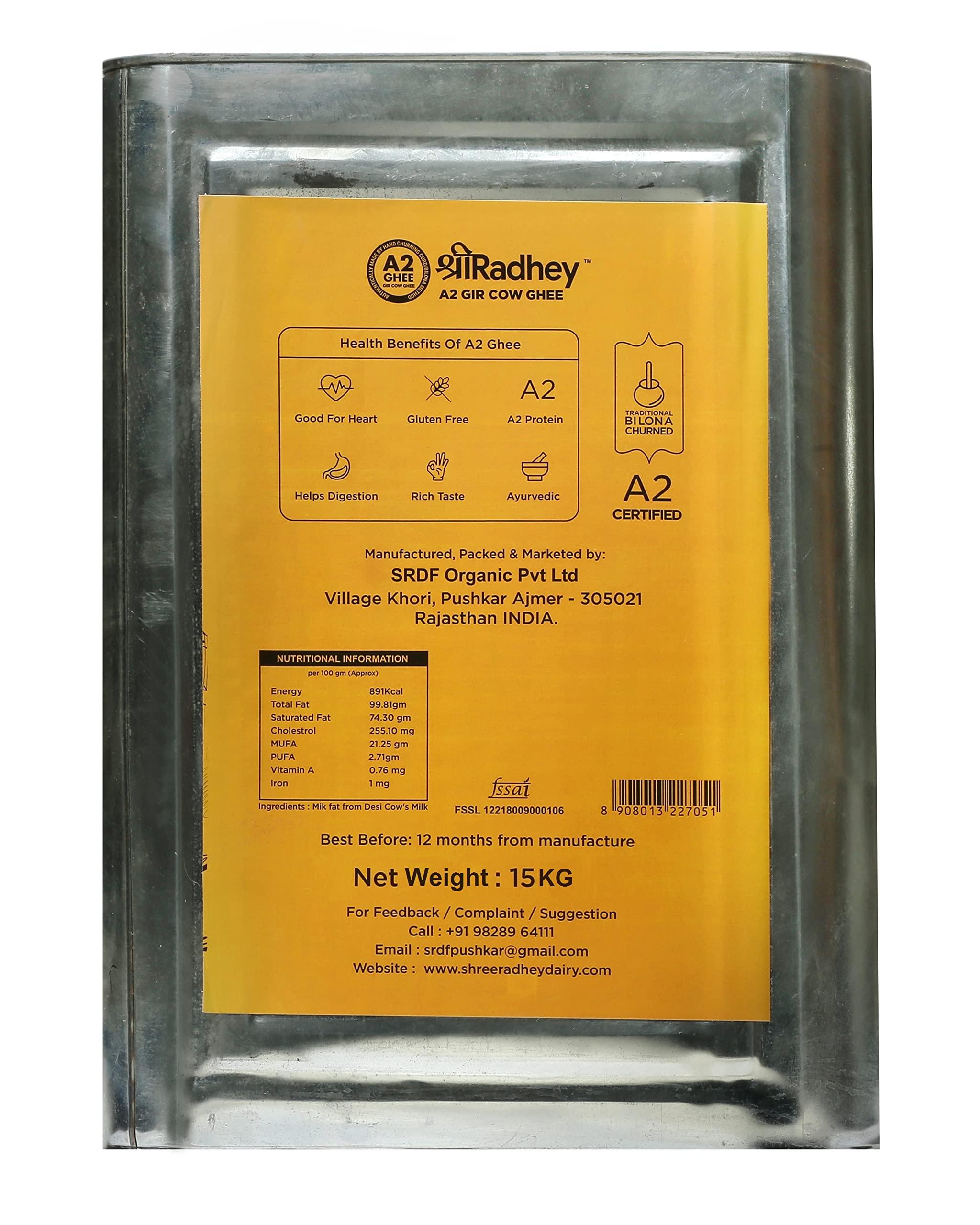 Shree Radhey Shree Radhey A2 Bilona Gir Cow Ghee | 15 Kg | Traditional Bilona Method | Cultured | Pure | Natural | Gluten free | Keto Friendly | Food Grade TIN