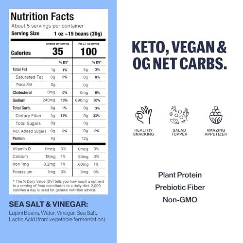 BRAMI BRAMI Lupini Beans Snack, Sea Salt & Vinegar, 7g Plant Based Protein, 0g Net Carbs, Vegan, Vegetarian, Keto, Mediterranean Diet, Non Perishable, 5.3oz