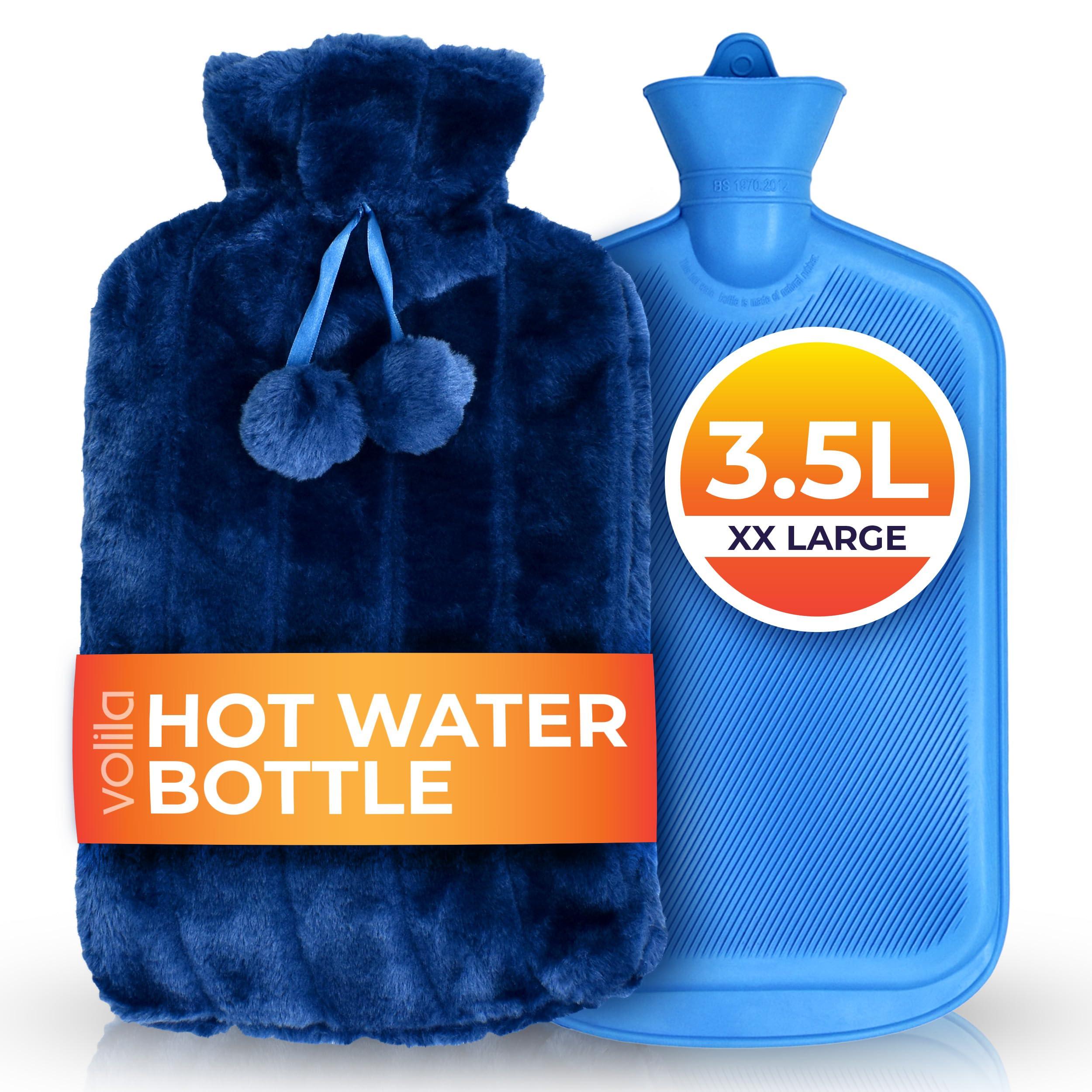 volila XXX-Large Hot Water Bottle with Cover - 3.5L Blue Hot Water Bag for Pain Relief - 118Fl Oz Extra Large Washable Soft Faux Fur, Big Hot Water Pack for Sore Muscles, Period Cramps, Hot and Cold Compress