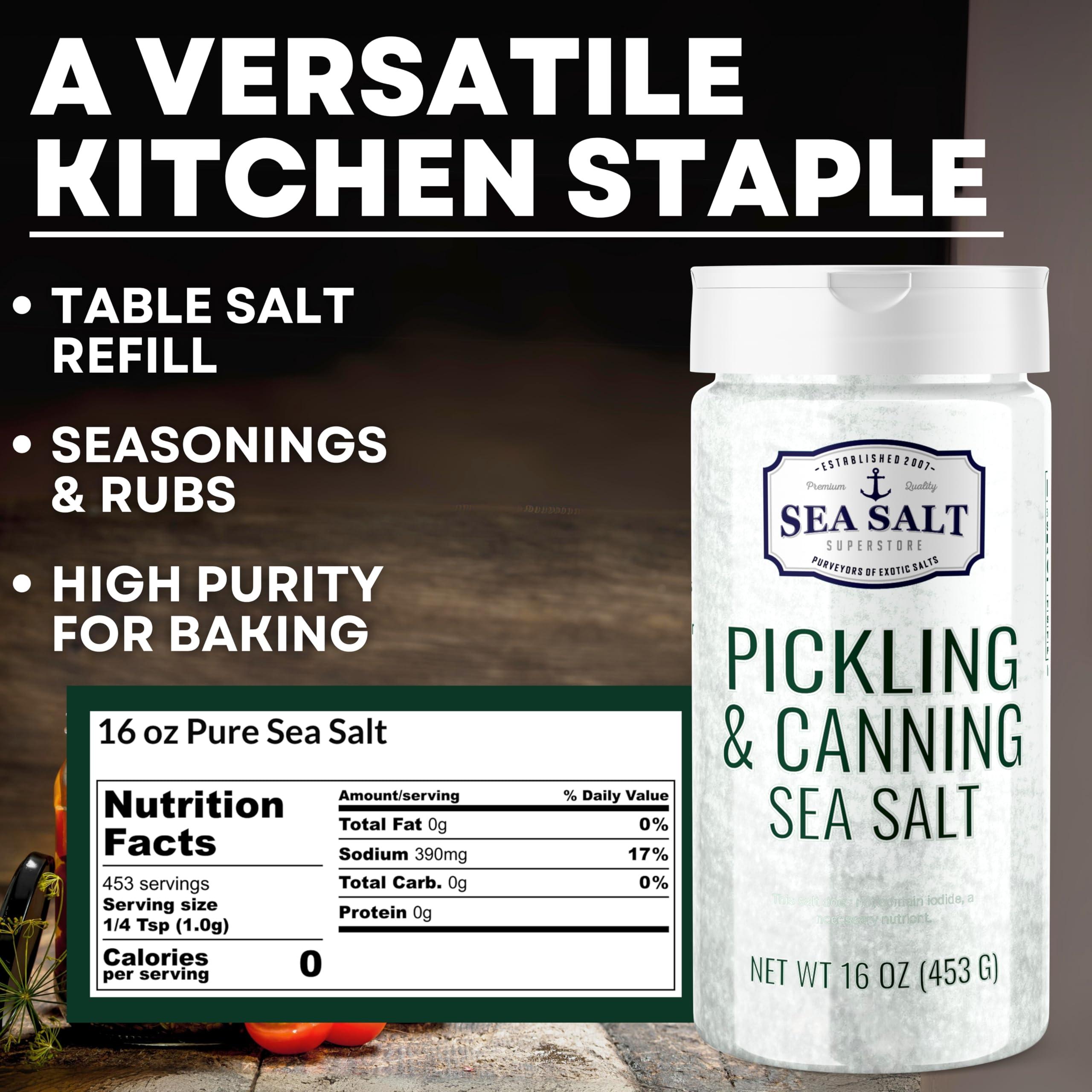Sea Salt Superstore Pickling & Canning Salt, Pickling Salt & Curing Salt for Natural Preserving, Fine Sea Salt & Kosher Salt for Brining, 1 lb Shaker Non Iodized Salt, Sea Salt Superstore
