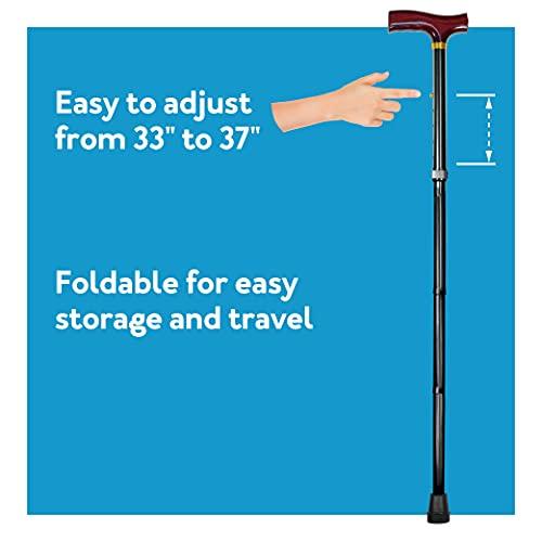 Carex Carex Folding Adjustable Handle Cane with Walnut Handle - Foldable Walking Cane for Women and Men - Adjustable Height (33" - 37"), Anti-Slip Rubber Tip