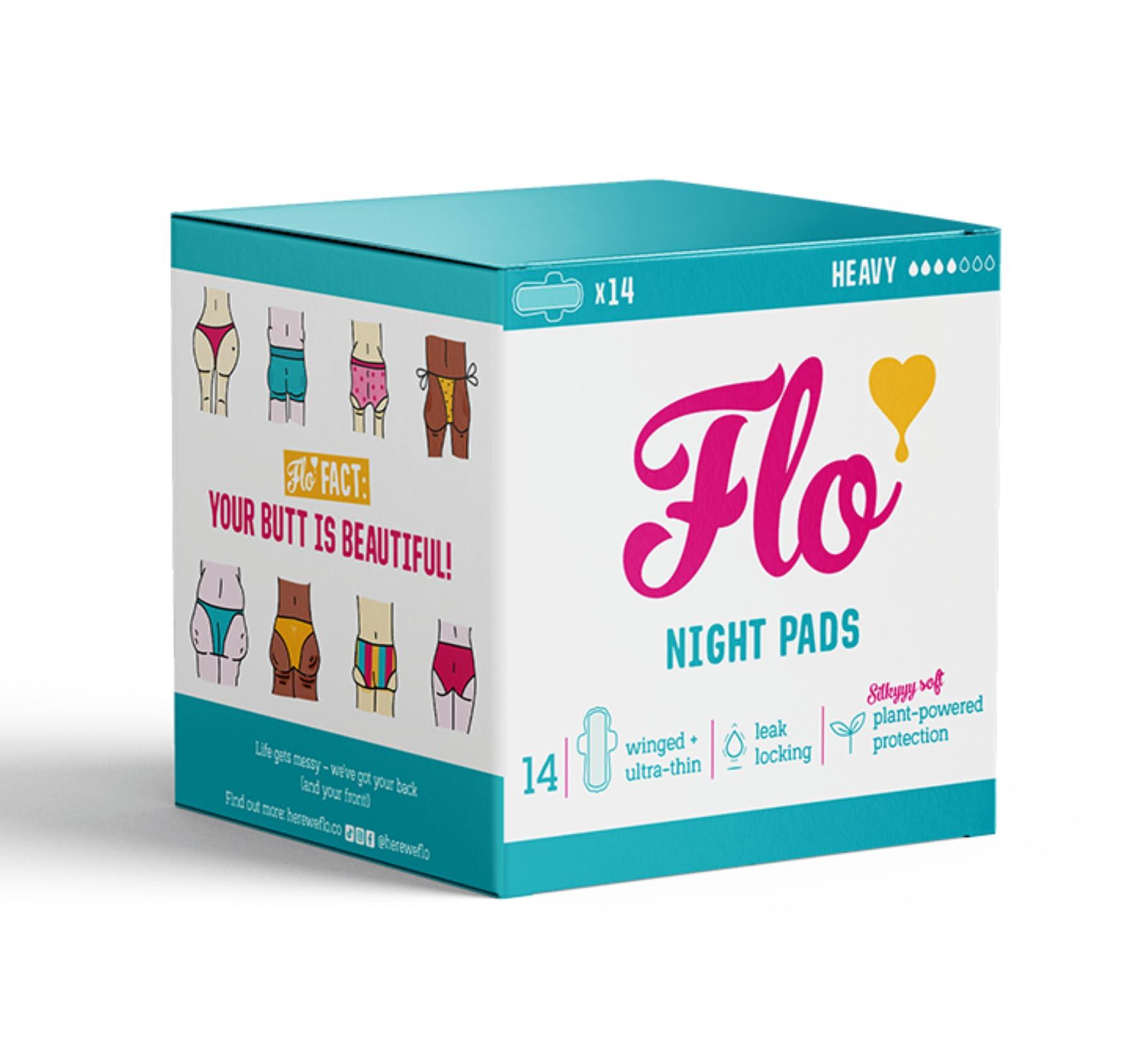 FLO FLO Organic Bamboo Period Pads for Women, Biodegradable, Winged, Feminine Care, Organic Menstrual Products, Plant-Based, Plastic-Free, Sanitary Napkins, Night Pads, Black-Owned, Compostable,14 Count