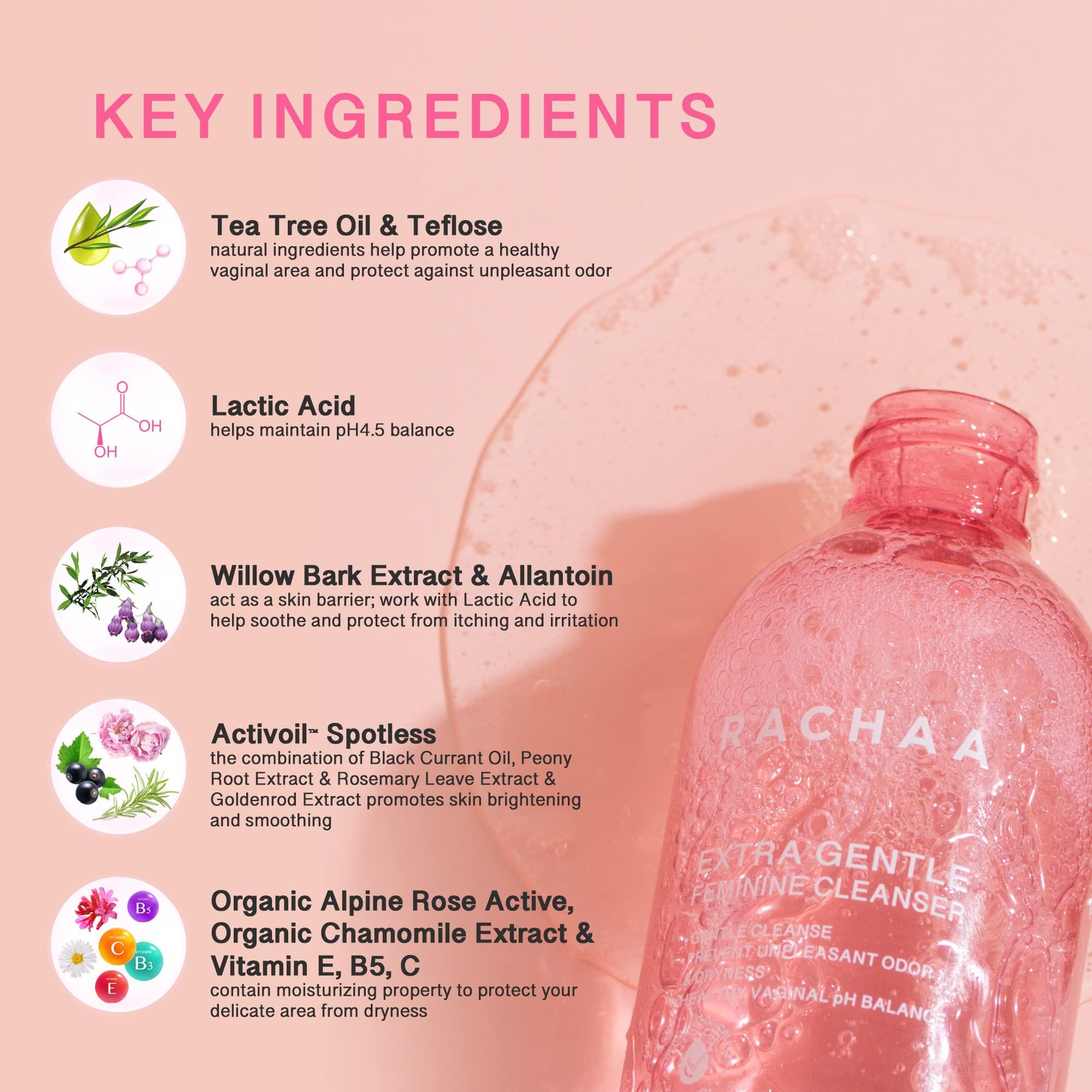 RACHAA RACHAA Feminine Wash for Women - Gentle Daily Intimate Cleanser for Lightening, Moisturizing, Cleansing with Vitamin C, Tea Tree Oil & Lactic Acid - Sensitive, Hypoallergenic & pH Balance, 6.76 FL.Oz