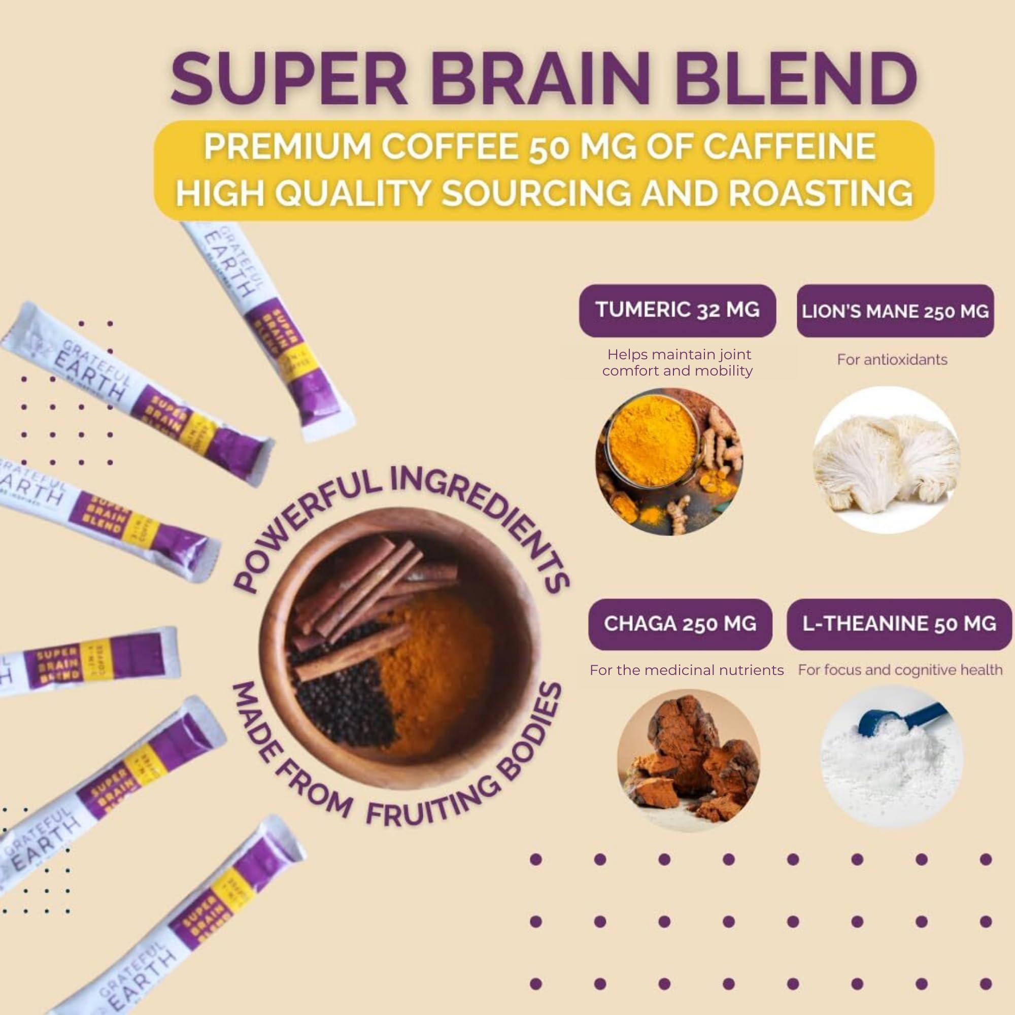 Grateful Earth Grateful Earth Mushroom Coffee, Coconut Instant Coffee with Cinnamon, Turmeric, Lions Mane Mushrooms, L-Theanine, Chaga, Super Brain Blend For Energy & Immune Support, Dairy & Gluten Free, 20 Packets