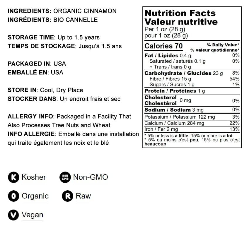 Food to Live Food to Live Organic Cinnamon Powder, 8 Ounces - Cassia Variety, Non-GMO, Ground Raw Spice, Kosher, Vegan Superfood, Bulk, Keto Friendly, Great for Cooking, Baking and Smoothies, Sirtfood