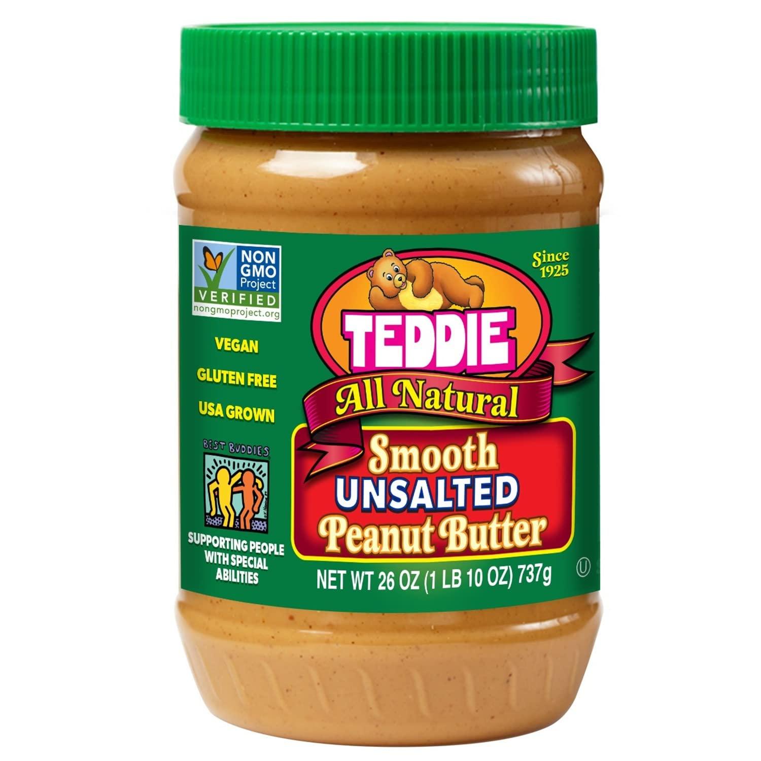 Teddie Teddie All Natural Peanut Butter, Gluten Free & Vegan, 26 Ounce Plastic Jar (26 Ounce (Pack of 1), Smooth Unsalted)