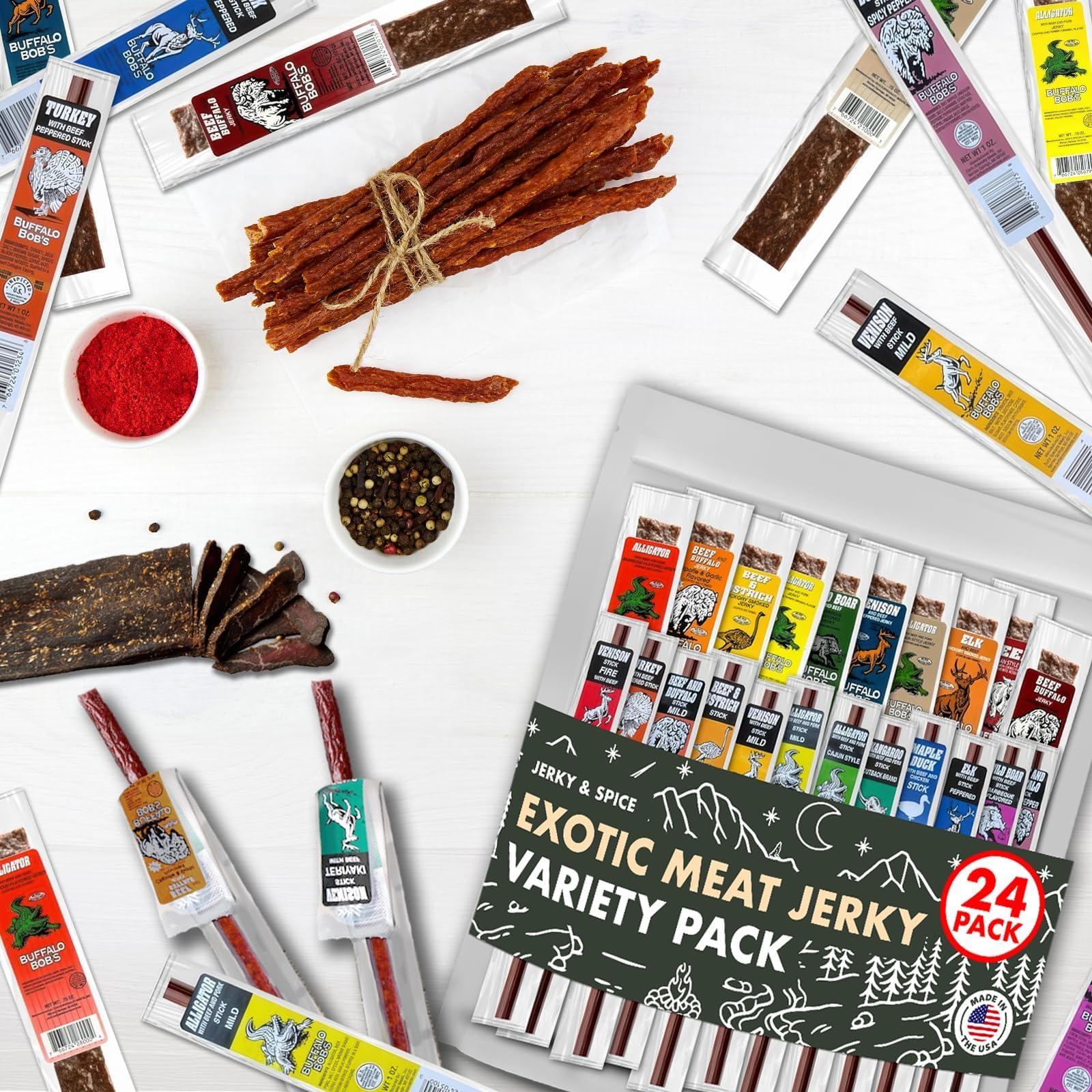 Buffalo Bob's Buffalo Bob\'s Wild Game Meat Snacks (24 pack), Beef Jerky Assortment Pack of Flavorful Strips & Sticks, Exotic Jerky Gift Baskets for Men, Meat Variety Pack for Valentines & Christmas, Meat Bouquet