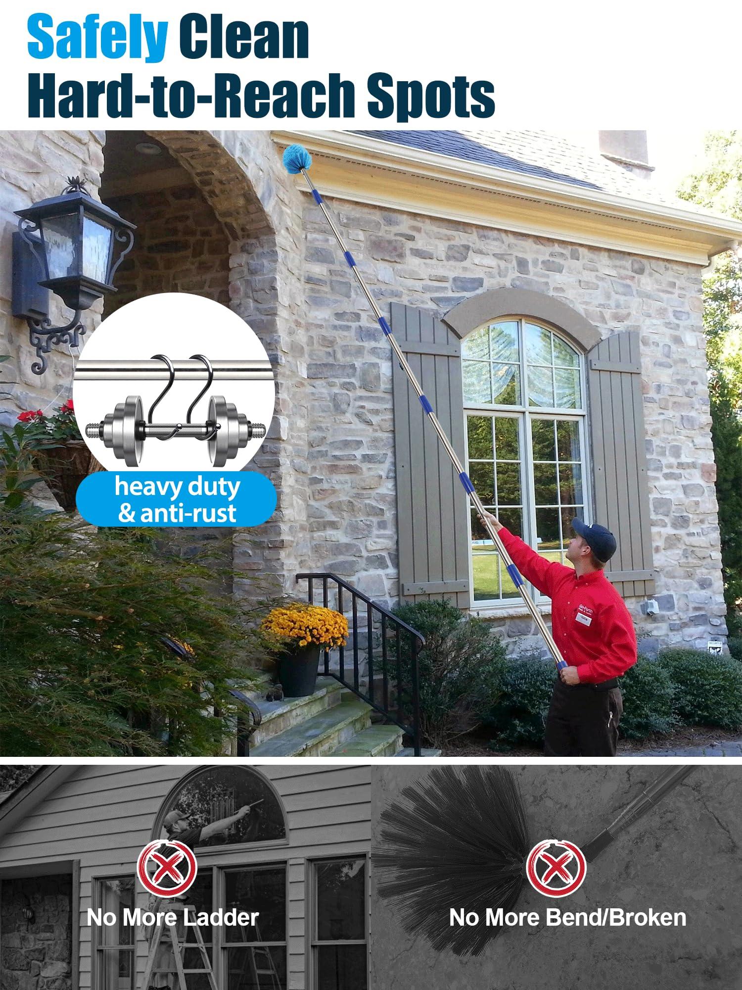 YOHSUGO Cobweb Duster with Extension Pole, Outdoor Spider Web Brush with 6 ft Long Handle, Metal Cob Web Remover for High Ceilings Fans Indoor Cleaning, Medium-Stiff Bristles Dust Brush, Lightweight Cleaner