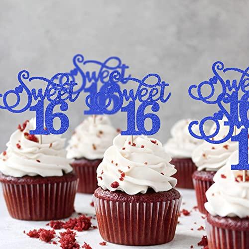 Rsstarxi Rsstarxi 30 Pack Sweet 16 Cupcake Toppers Glitter Love Heart Cheers to 16 Cupcake Picks for 16th Birthday Wedding Anniversary Party Cake Decorations Supplies Deep Blue