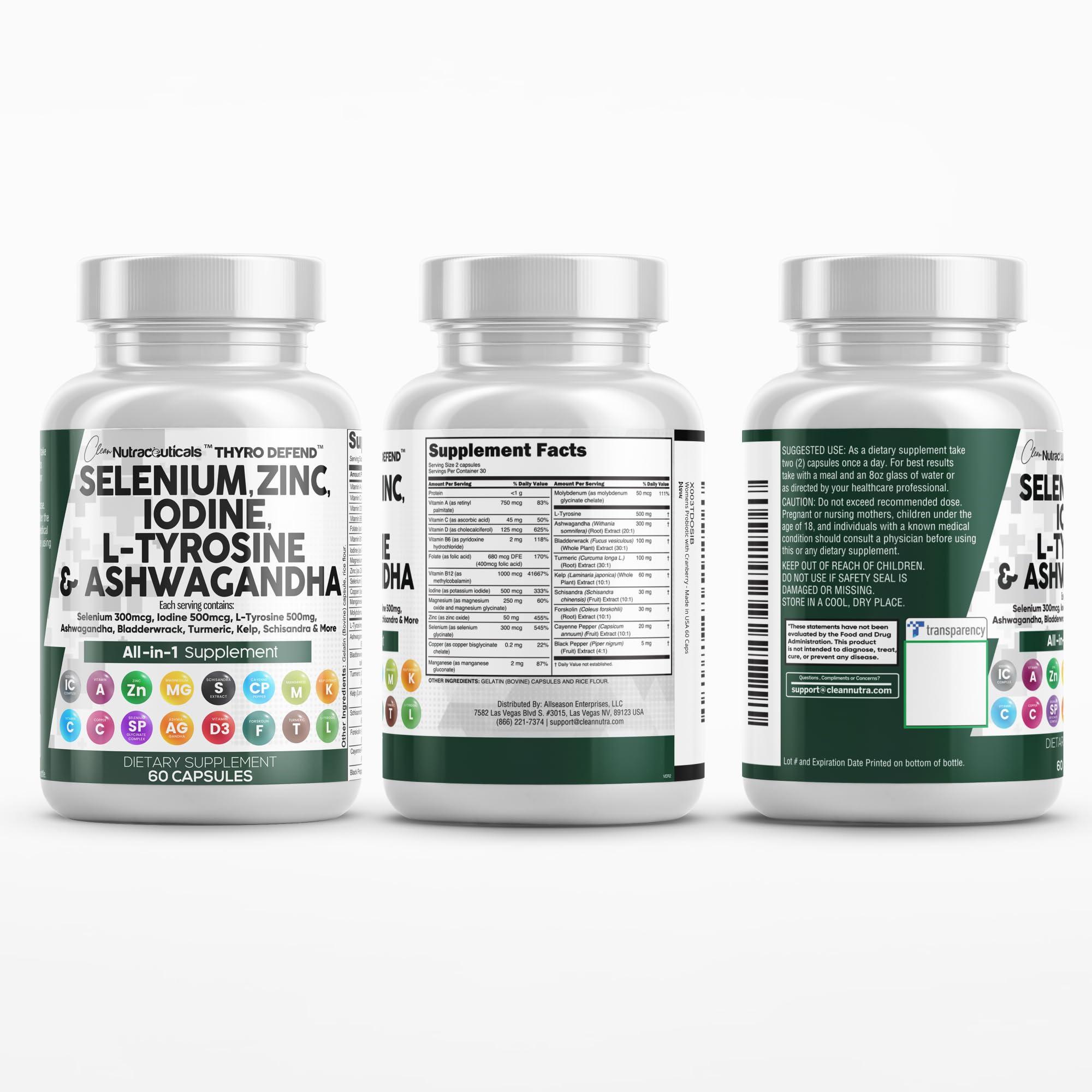 Clean Nutraceuticals Clean Nutra Selenium 300mcg Iodine 500mcg Thyroid Support for Women & Men | L Tyrosine 500mg Ashwagandha Supplement Bladderwrack, Turmeric, Kelp, Schisandra Zinc Pills Capsule Supplements