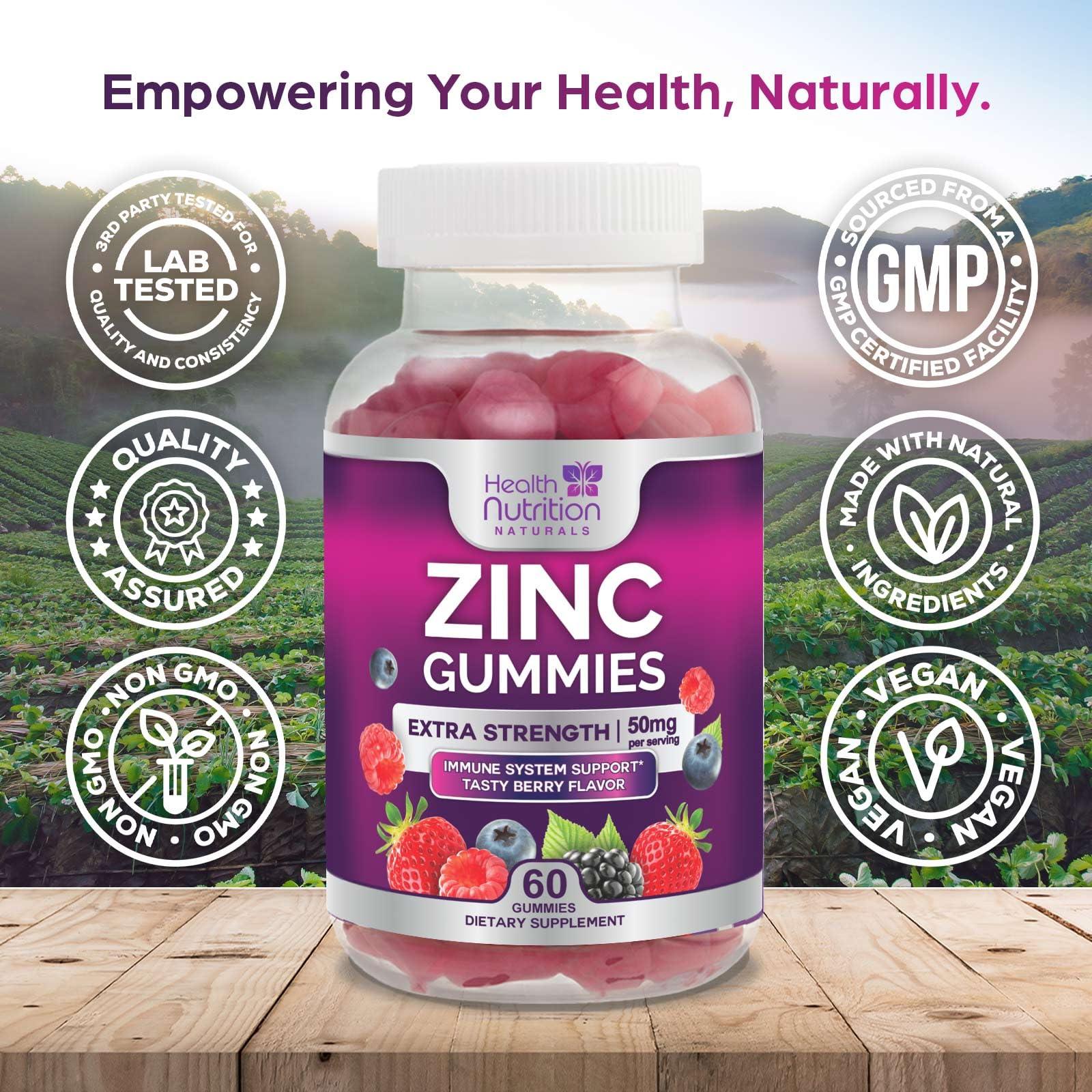 Health Nutrition Naturals Zinc Supplement Gummies 50mg, Max Strength Bone, Skin & Immune Support Zinc Supplements for Women & Men, Vegan, Non-GMO & Gluten Free, Immune Health Support, Antioxidant Zinc Vitamins - 60 Gummies