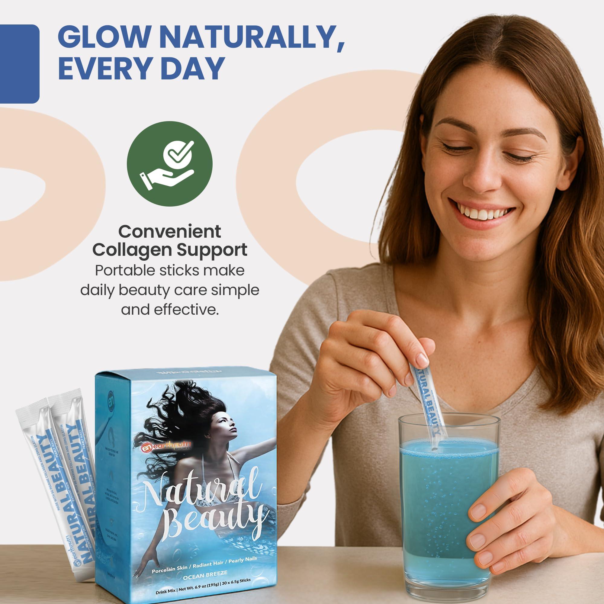 EarthNutri EarthNutri Marine Collagen Peptides Powder Supplement for Skin, Hair & Nails Enhances Skin Elasticity & Hydration Hydrolyzed Collagen 5000mg per Serving Non-GMO Ocean Breeze (30 Sticks Pack)