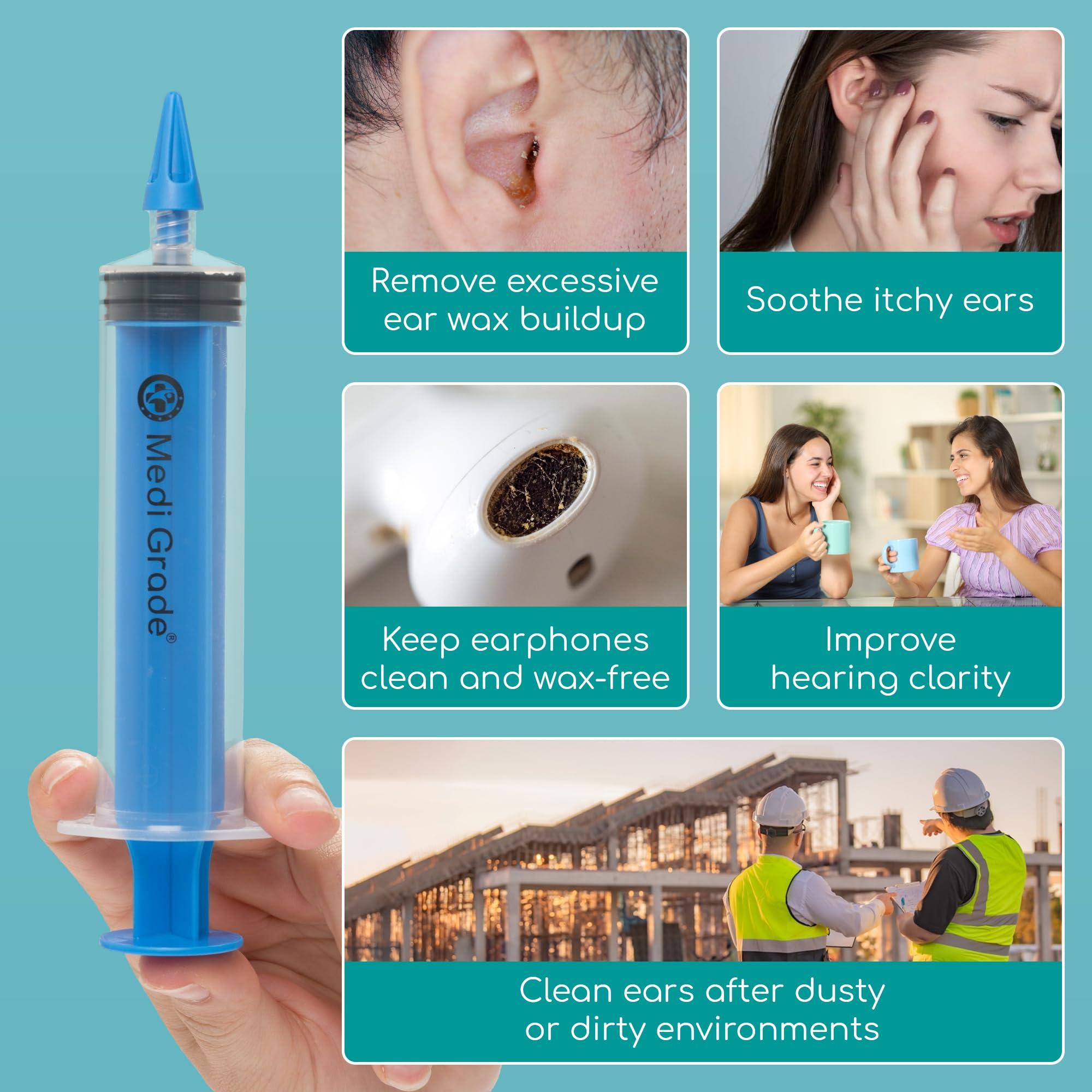 Medi Grade Medi Grade Ear Syringe Ear Wax Removal Kit with 3 Quad-Stream Tips - Ear Irrigation Flushing System - Ear Wax Cleaner to Improve Hearing Clarity and Aural Hygiene - Large Ear Wax Syringe - 2.03 fl oz