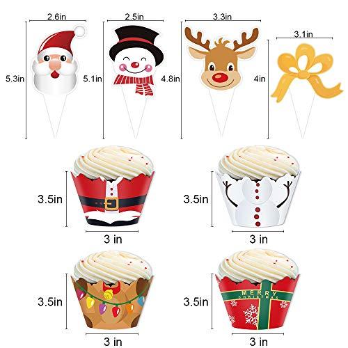 Omgouue Christmas Cupcake Toppers and Wrappers Party Supplies/Favors - Snowman/Santa Claus/Reindeer/Gift Box 48 set