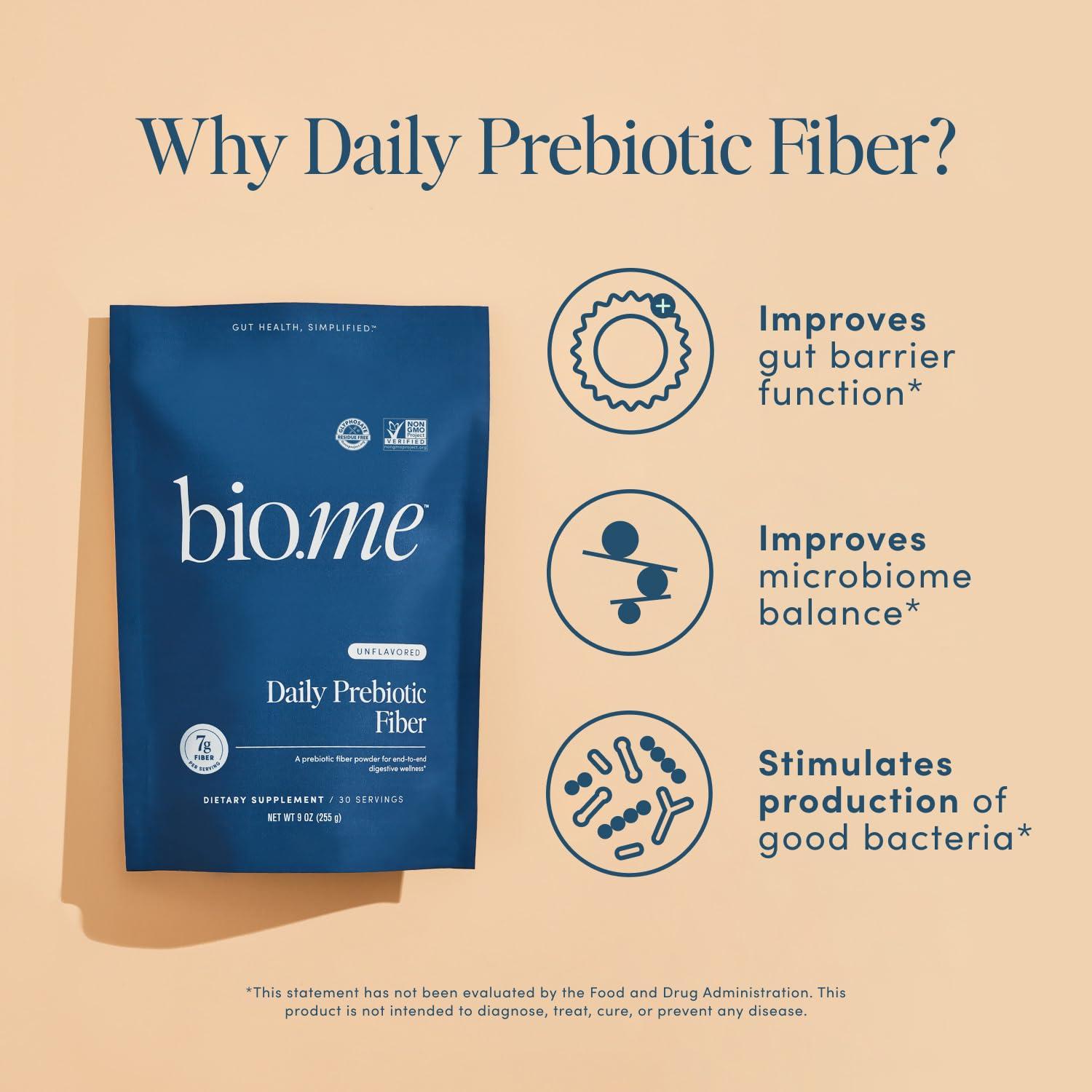 Bio.me Daily Prebiotic Fiber - Fiber Supplement Powder for Digestive Health & Gut Health - Fiber Powder Unflavored Prebiotics, Non-GMO Dietary Fiber, Gluten & Sugar Free Soluble Fiber Supplements-30 Servings