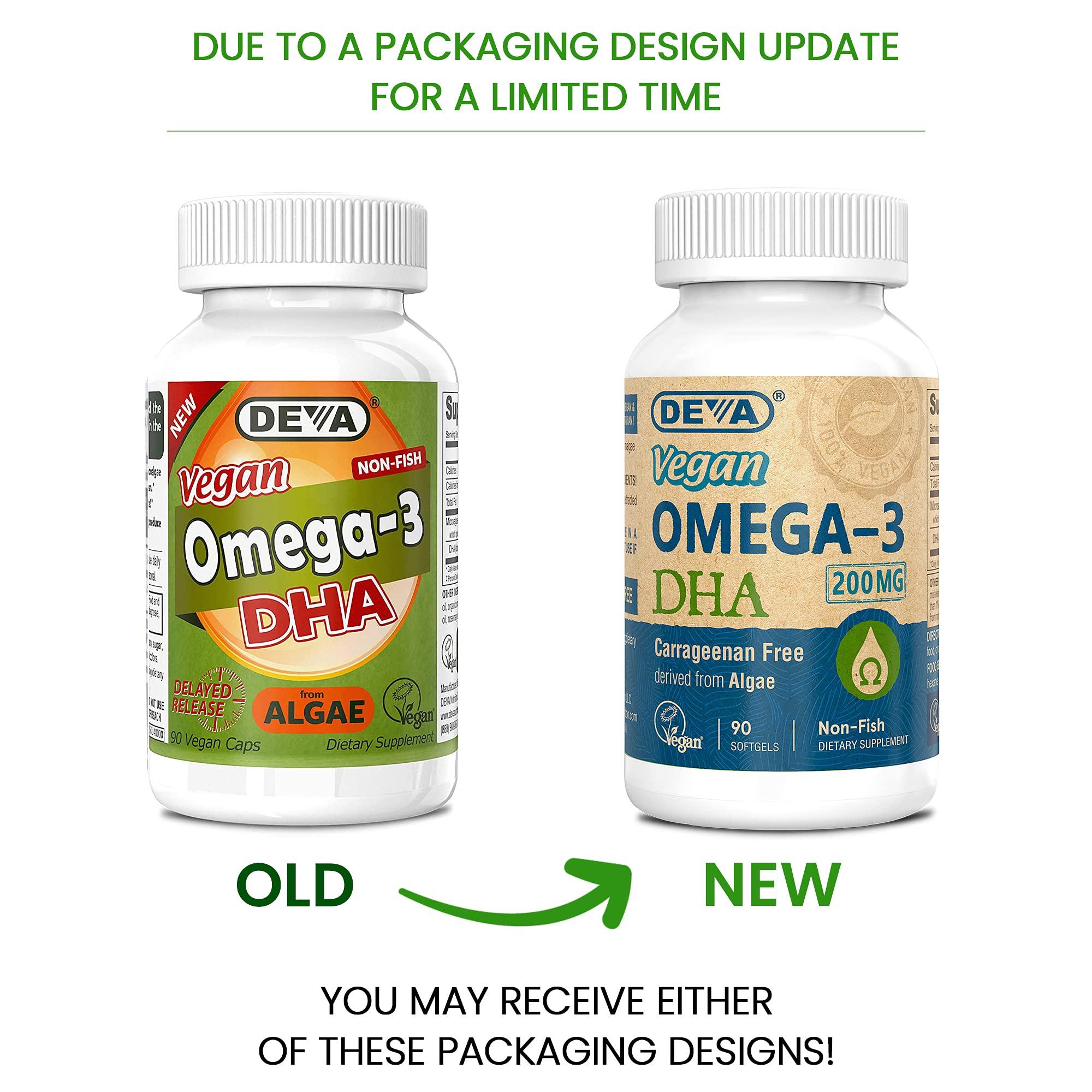 Deva Vegan Vitamins DEVA Vegan Omega-3 DHA Supplement - Once-Per-Day Softgels 200 MG - Carrageenan Free - Gelatin Free - Non-Fish - Algae Oil Omega-3 Fatty Acids - 90 Softgels