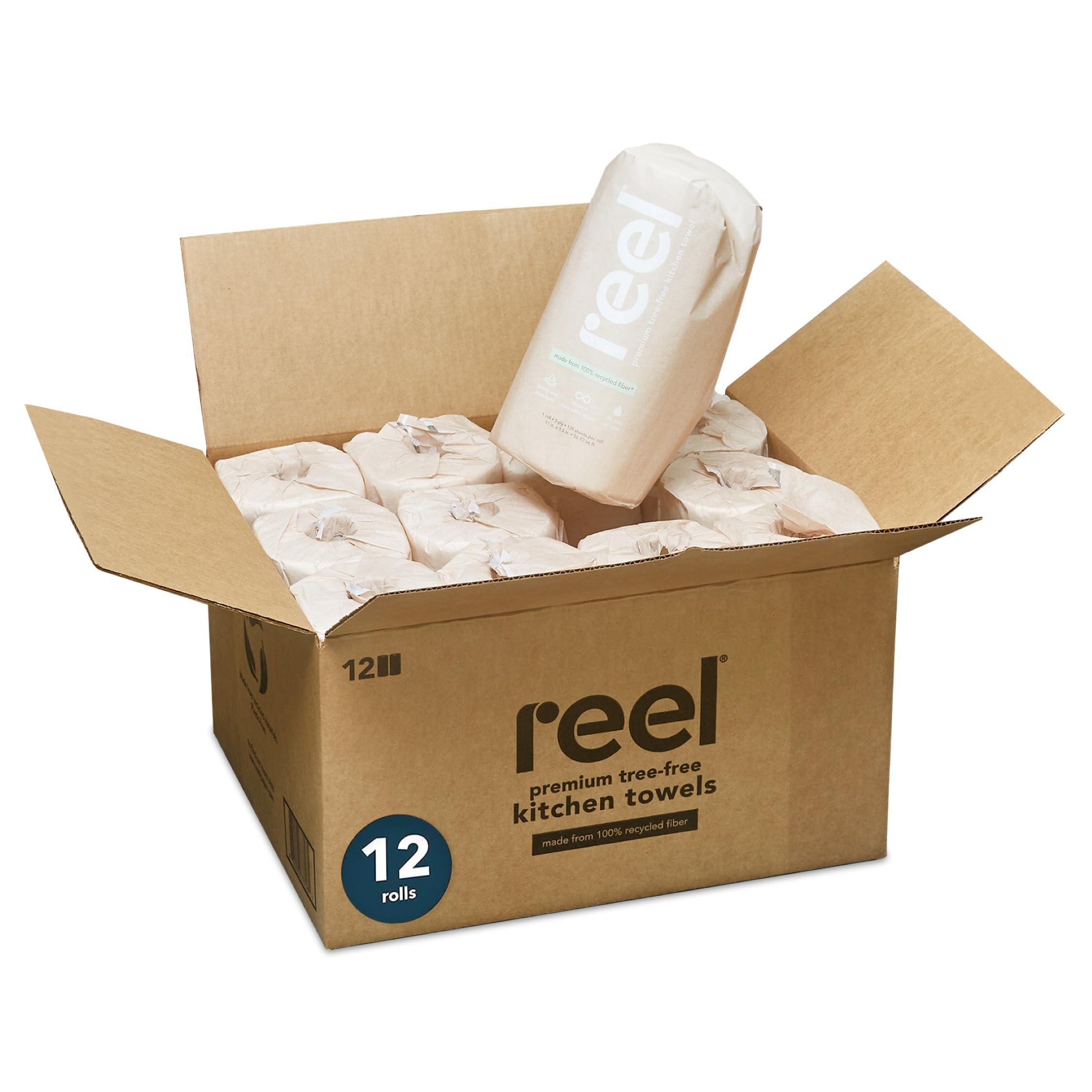 REEL Reel Premium Recycled Paper Towels- 12 Rolls, 2-Ply Made From Tree-Free, 100% Recycled Paper - Eco-Friendly, Hypoallergenic and Zero Plastic Packaging
