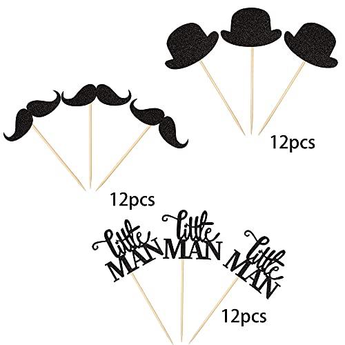 ZHUOWEISM 36 PCS Little Man Cupcake Toppers Black Glitter Hat Mustache Cupcake Picks for Baby Shower Boys Birthday Party Cake Decorations Supplies
