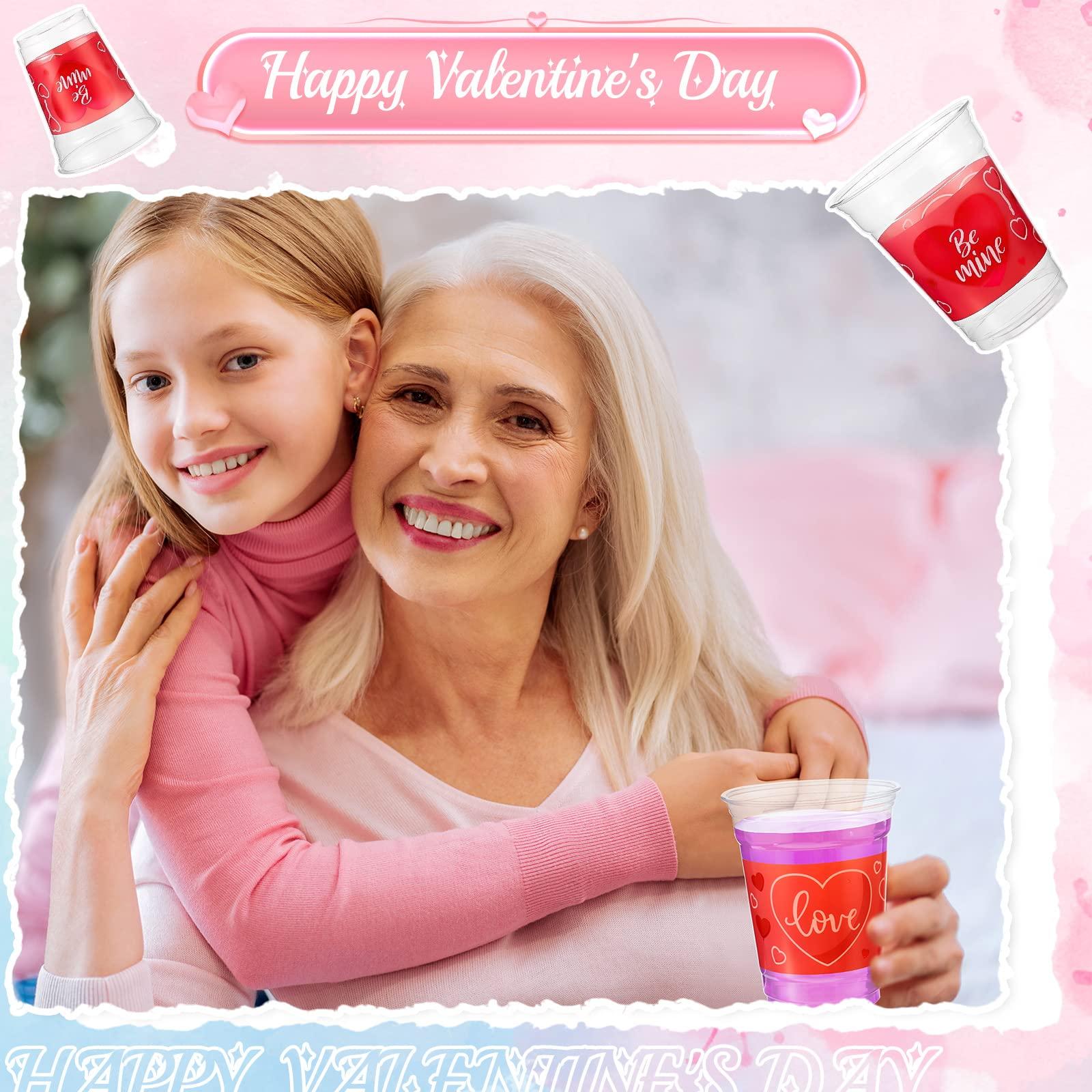Meanplan Meanplan 100 Pcs 12 oz Valentine Plastic Cups Disposable Valentine Clear Coffee Cups Pink Heart Shot Glasses Party Supplies for Liquor Iced Coffee Juice(Be Mine Style)