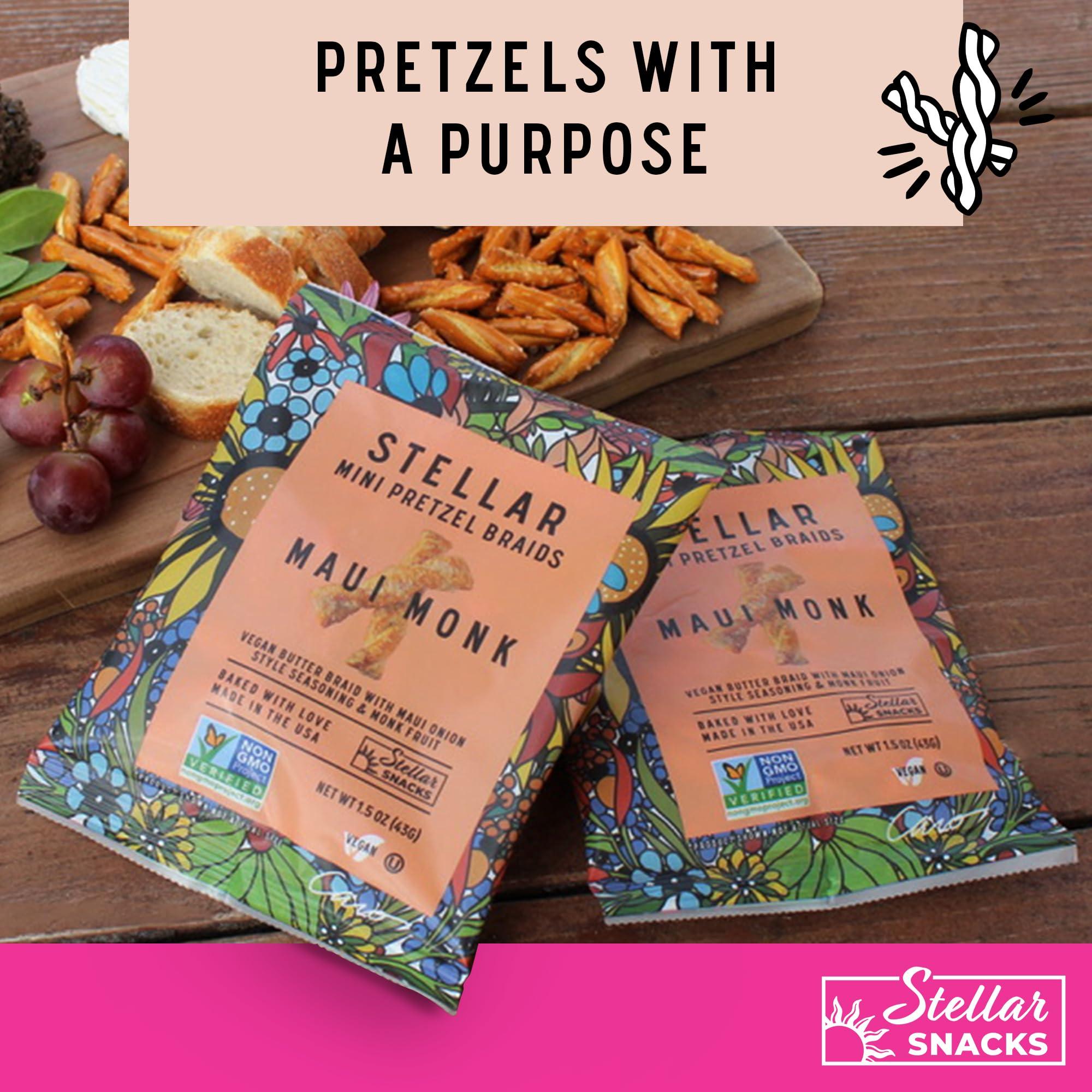 STELLAR SNACKS Stellar Pretzel Braids Maui Monk Mini 24 Snack Packs (1.5 oz each) Maui Onion and Monk Fruit Flavor, Stellar Snacks, Vegan Kosher Peanut-Free Non-GMO, Individual Bags, Pretzel Twists - Made in the USA