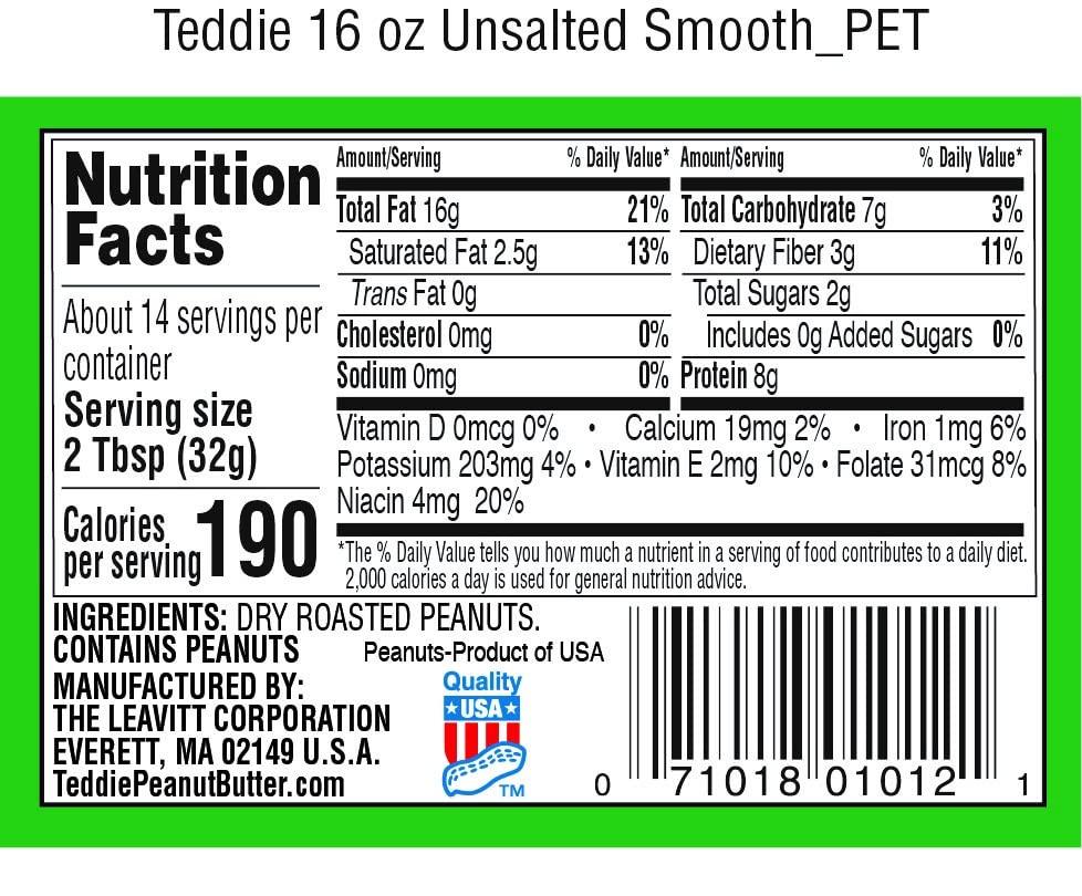 Teddie Teddie All Natural Peanut Butter, 16 Ounce 1 Pack, Gluten Free & Vegan, 16 Ounce Plastic Jar (16 Ounce (Pack of 1), Smooth Unsalted)