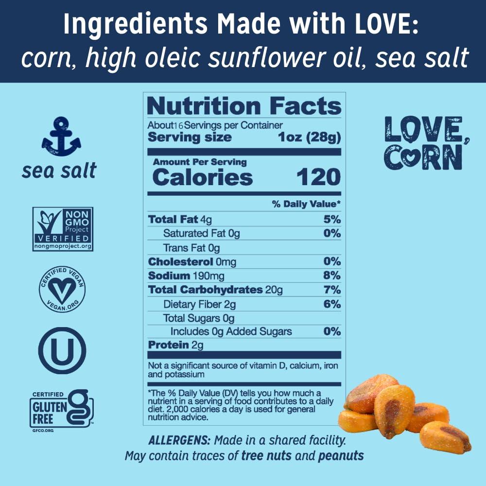 Love Corn LOVE CORN Sea Salt 16oz x 1 Bag - Delicious Crunchy Corn - Healthy Family Snacks - Gluten Free, Kosher, Non-GMO- Alternative for Chips, Nuts, Crackers & Pretzels - Perfect for Charcuterie Boards