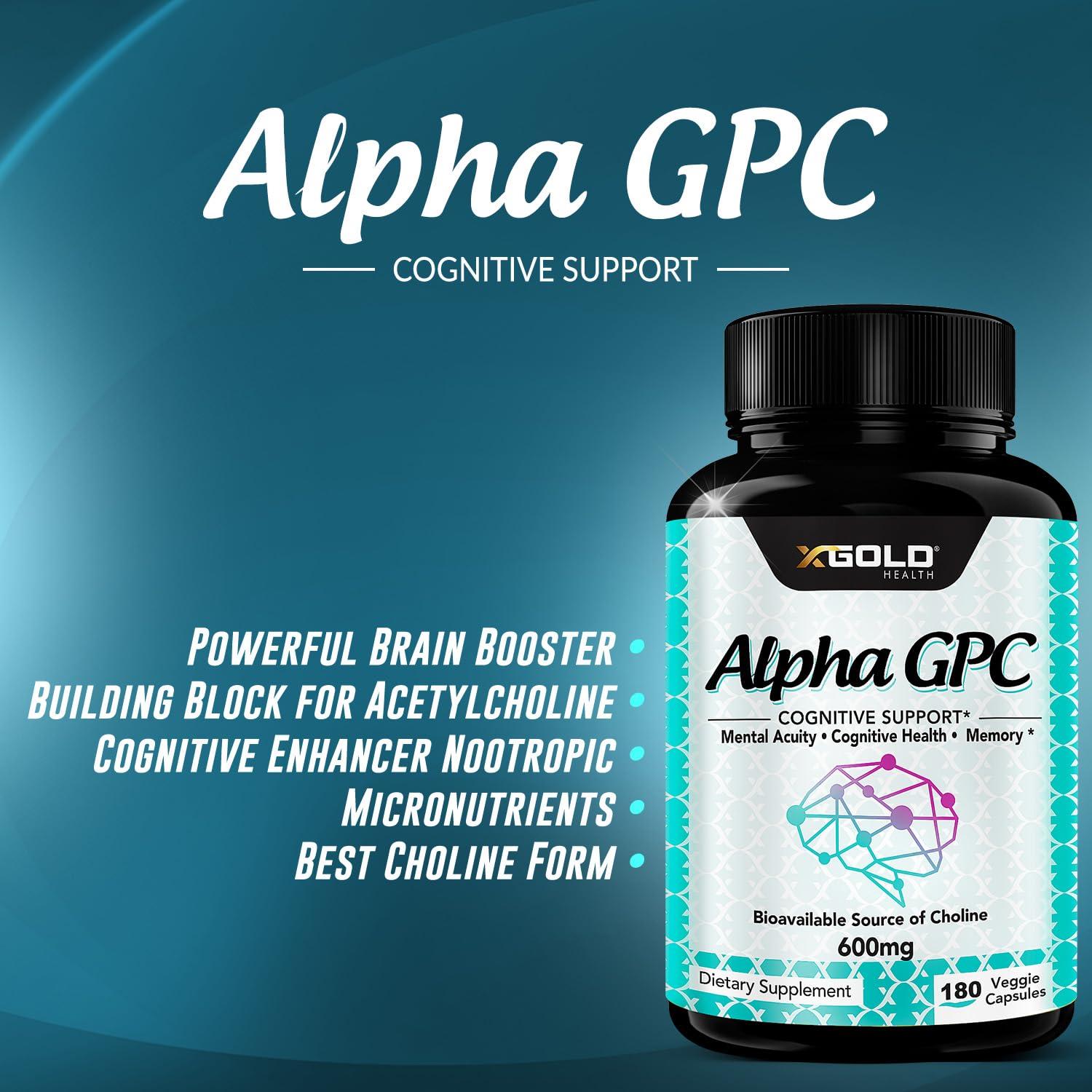 X Gold Health Alpha GPC Choline Supplement 600mg, 99%+ Highly Purified, Highly Bioavailable Source of Choline,180 Veggie Capsules, Cognitive Enhancer Nootropic, Supports Memory & Brain Function, Boosts Focus & Mood