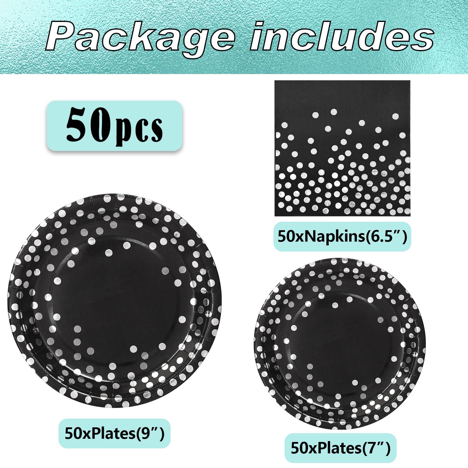 Boocikey 150 PCS Black Plates and Napkins Party Supplies,Black Paper Plates Severs 50,Black and Silver Party Decorations for Birthday Retirement Wedding New Years Decorations