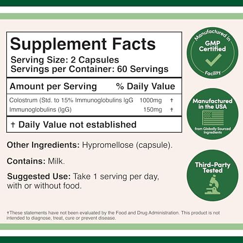 Double Wood Supplements Colostrum Supplement 120 Capsules, 1,000mg per Serving (Bovine Colostrum Powder from First Milking Only, Std. to Contain 15% IgG Immunoglobulins) No Fillers, Third Party Tested by Double Wood