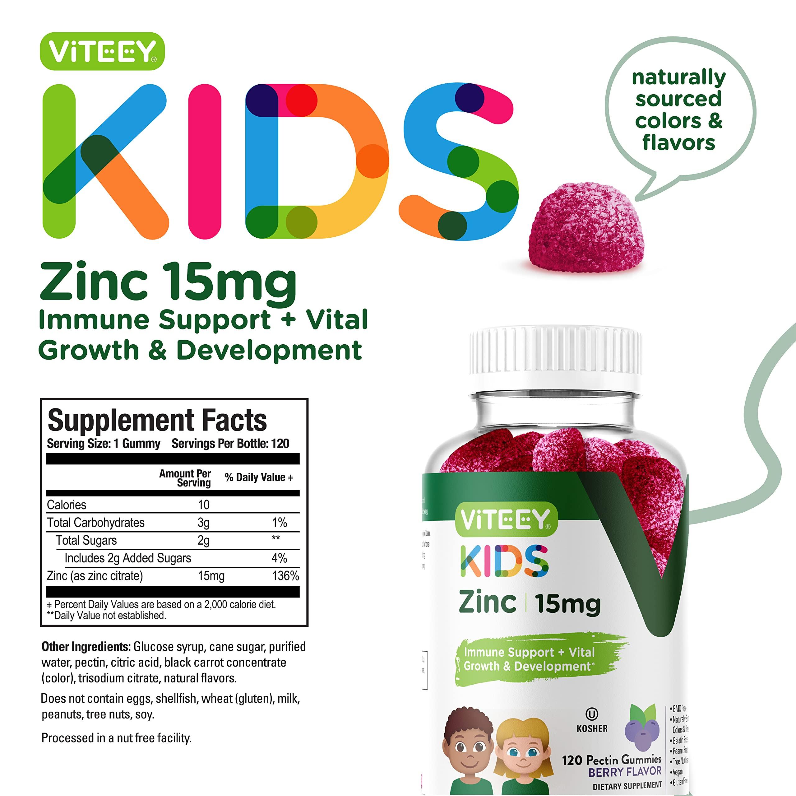 Viteey Zinc for Kids Gummies 15mg - Immune Support for Kids & Teens - Powerful Natural Antioxidant, Kids Zinc Vitamin Supplement - Vegan, Gelatin Free, Gluten Free - Tasty Chewable Berry Flavor Gummy