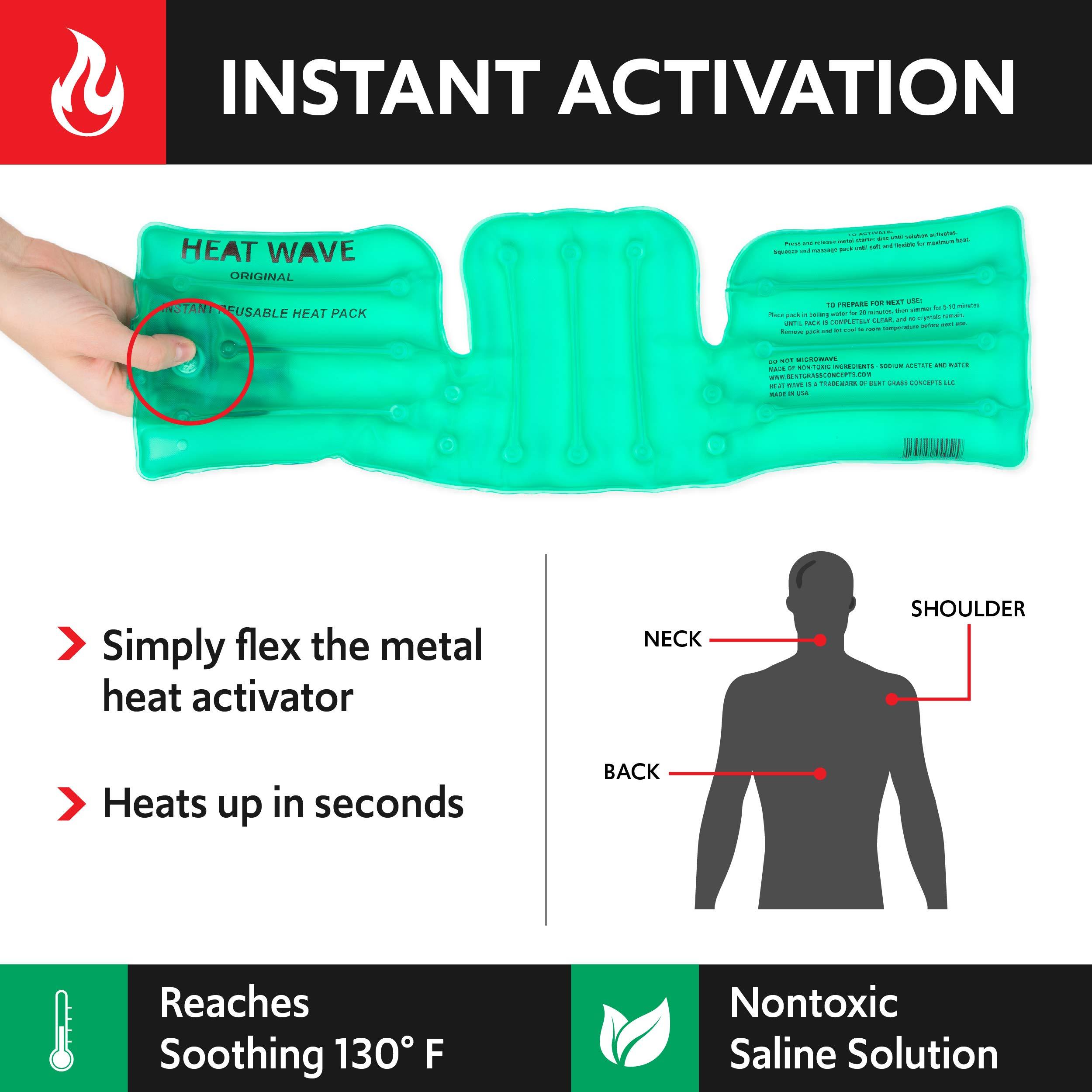 Heat Wave Made in USA: Heat Wave Instant Reusable Heat Packs- Back/Shoulder/Neck (6 x 18”), Reusable Heat Pack for Muscle Aches, Pain Relief, Click Heat