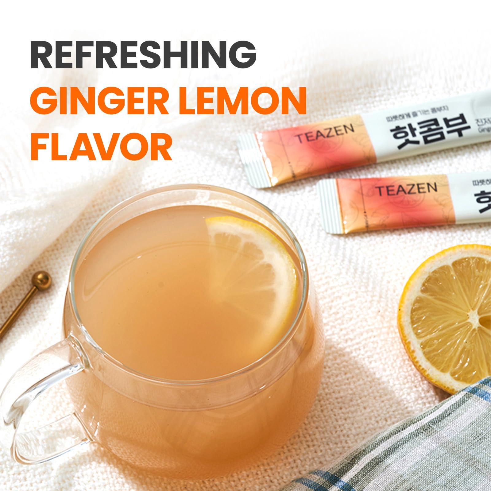 TEAZEN TEAZEN Lemon Ginger Hot Kombucha Tea, Live Probiotics & Postbiotics, Relaxation and Warmth for Colds and Sore Throat, Hydration Drink Mix, Sugar Free, 30 Sticks, 5.29oz