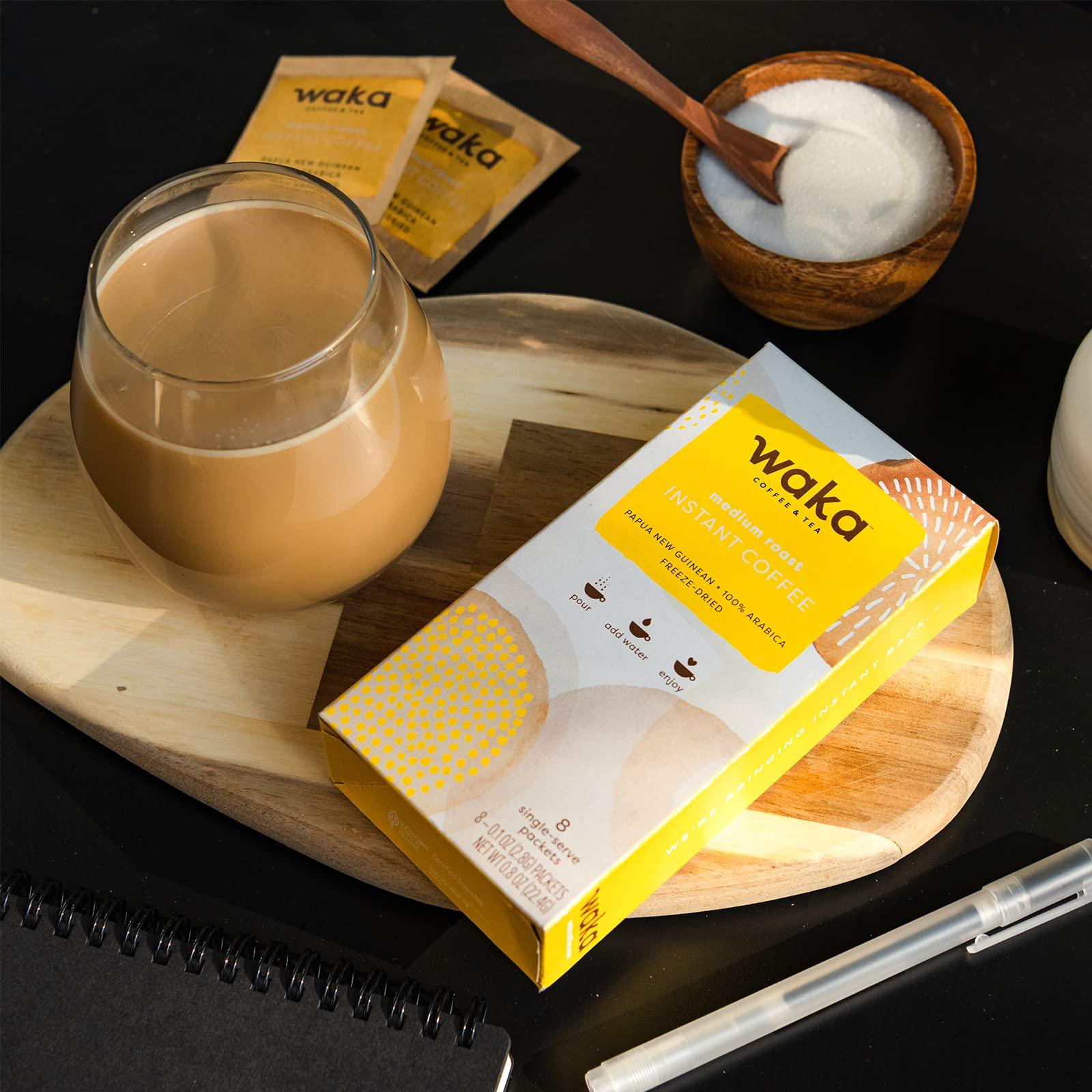 Waka Coffee Waka — Instant Coffee and Tea Bundle — Unsweetened Green Tea — Single-Serve Colombian and Papua New Guinean Boxes