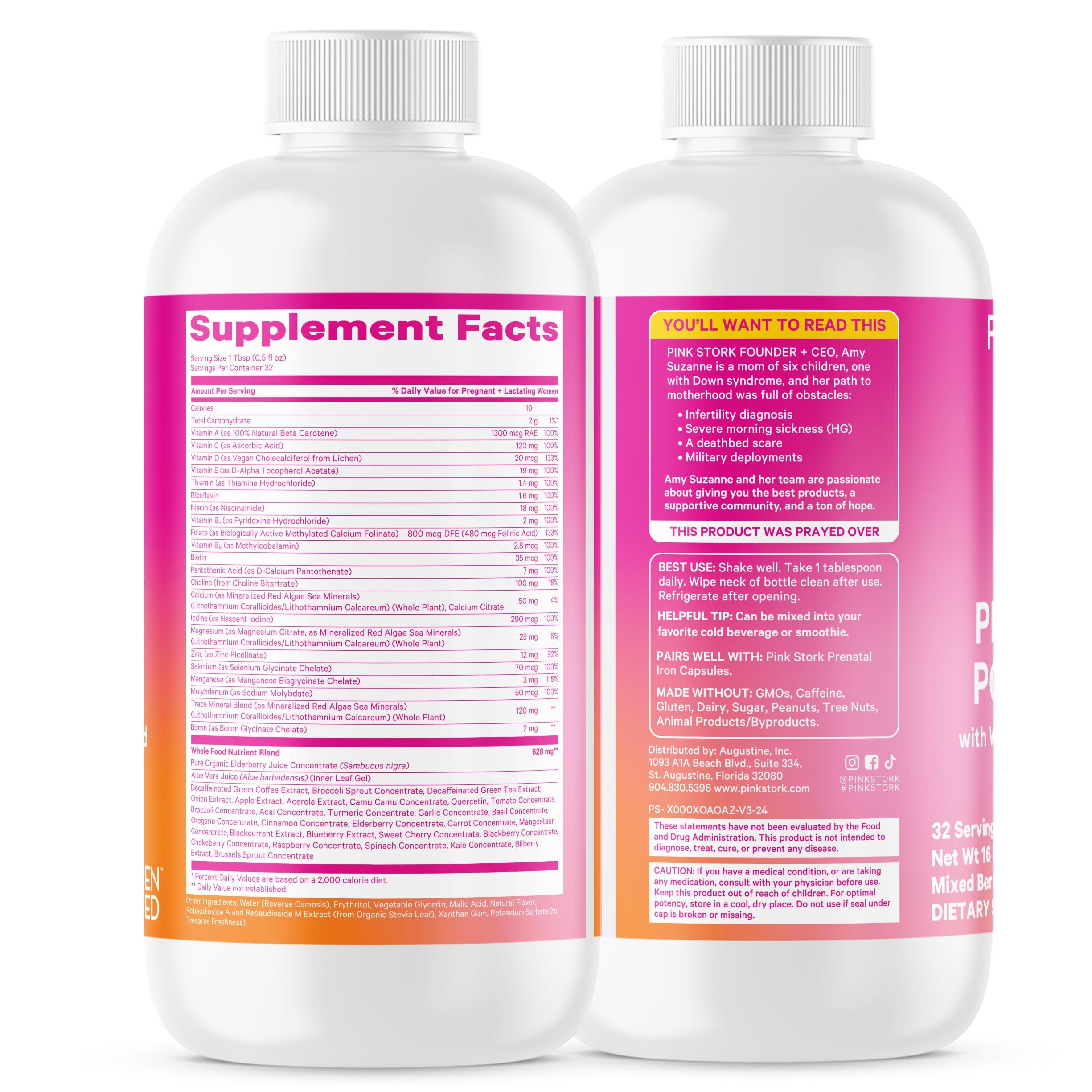 Pink Stork Pink Stork Liquid Prenatal + Postnatal Multivitamin for Women - Organic Food Blend & 18 Vitamins for Pregnant and Postpartum Breastfeeding Moms - Morning Sickness Support - 32 Servings