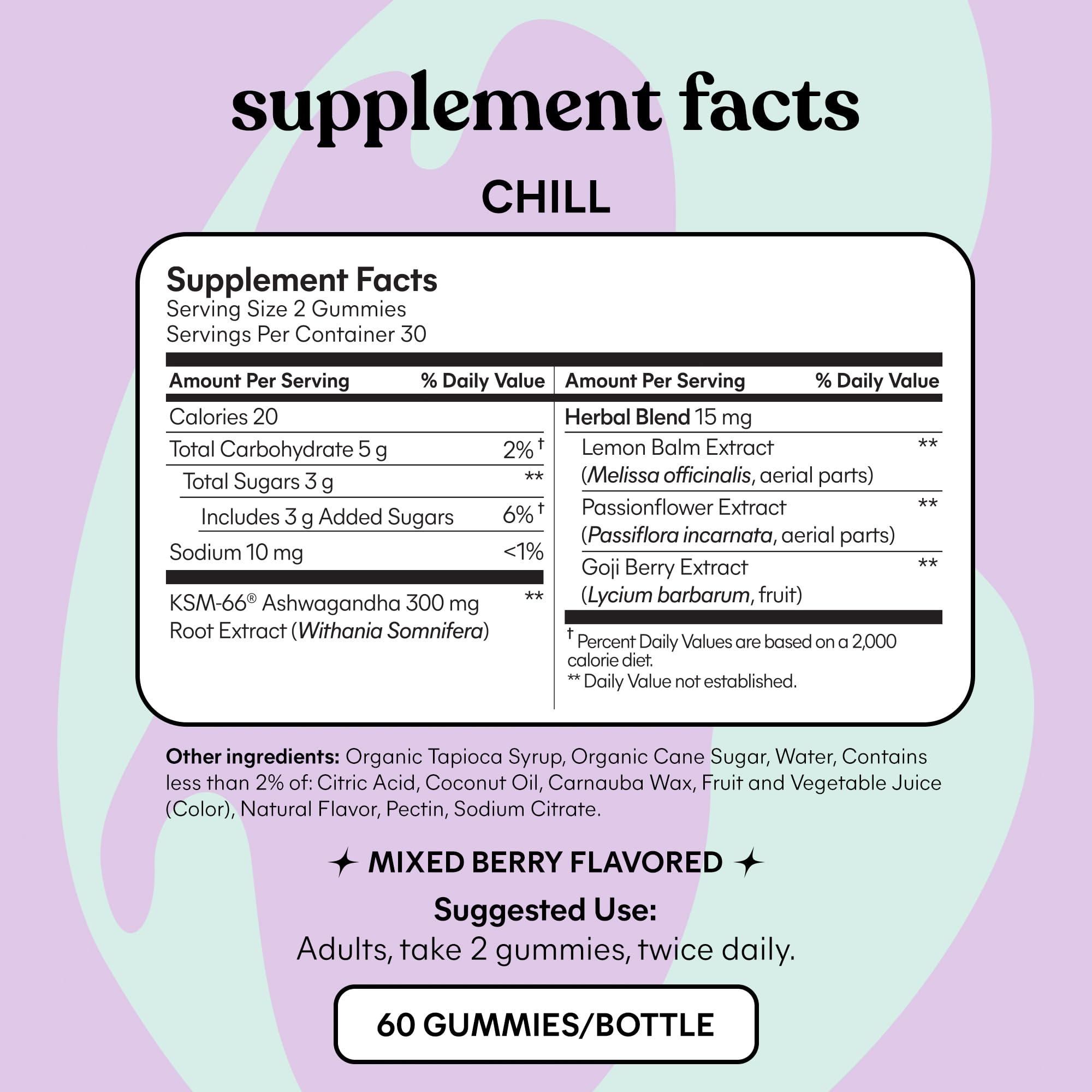 Lemme Lemme Chill Stress Relief Gummies with 300mg KSM-66 Ashwagandha, Lemon Balm, Passionflower & Goji to Support Relaxation, Healthy Cortisol & Sleep - Vegan, Gluten-Free, Non-GMO, Mixed Berry (60 Count)