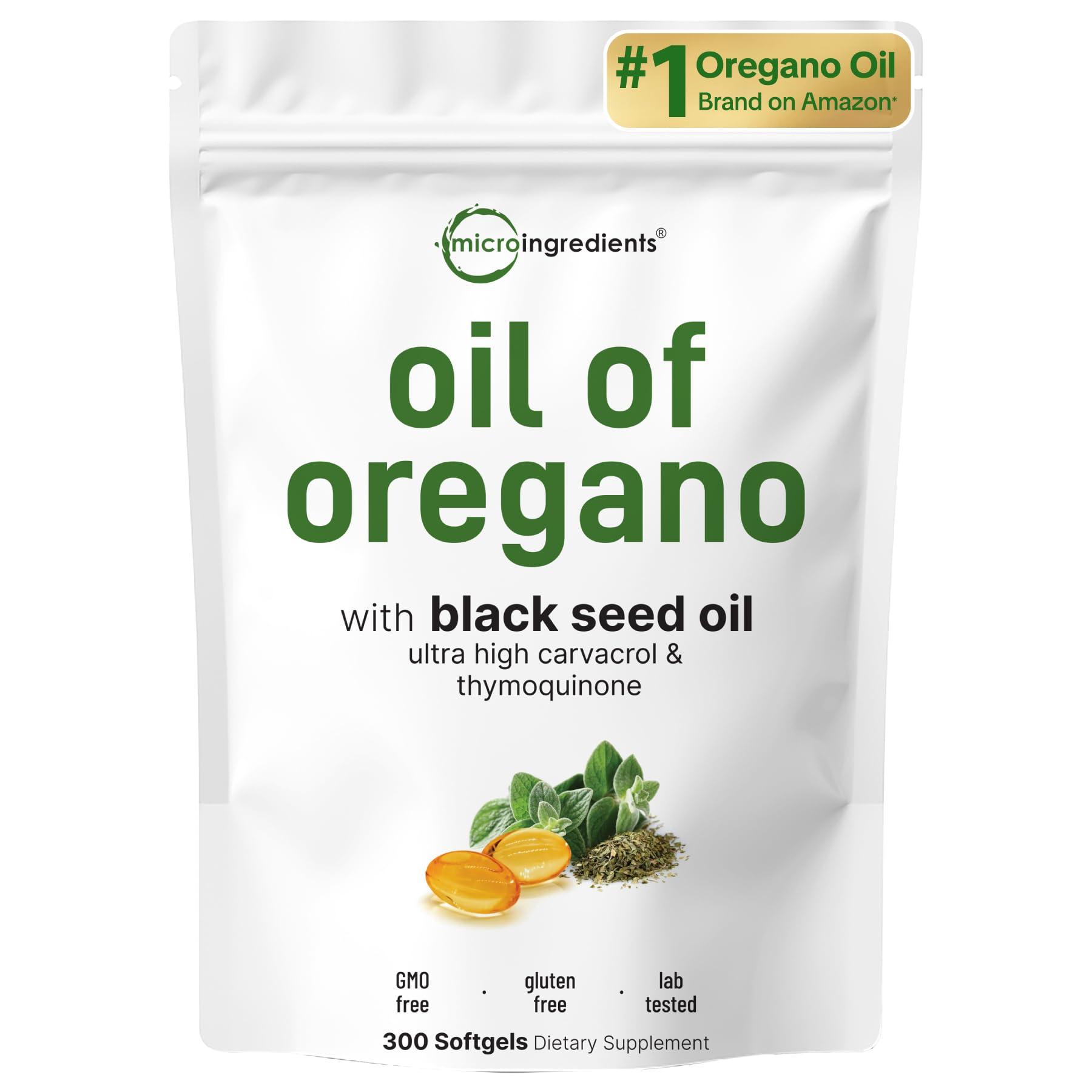 Micro Ingredients Micro Ingredients Oil of Oregano Softgels 6000mg Per Serving, 300 Count | 2 in 1 Formulated with Black Seed Oil 200mg, 4X Strength Carvacrol & Thymoquinone | Plant Based, Non-GMO & Immune Support