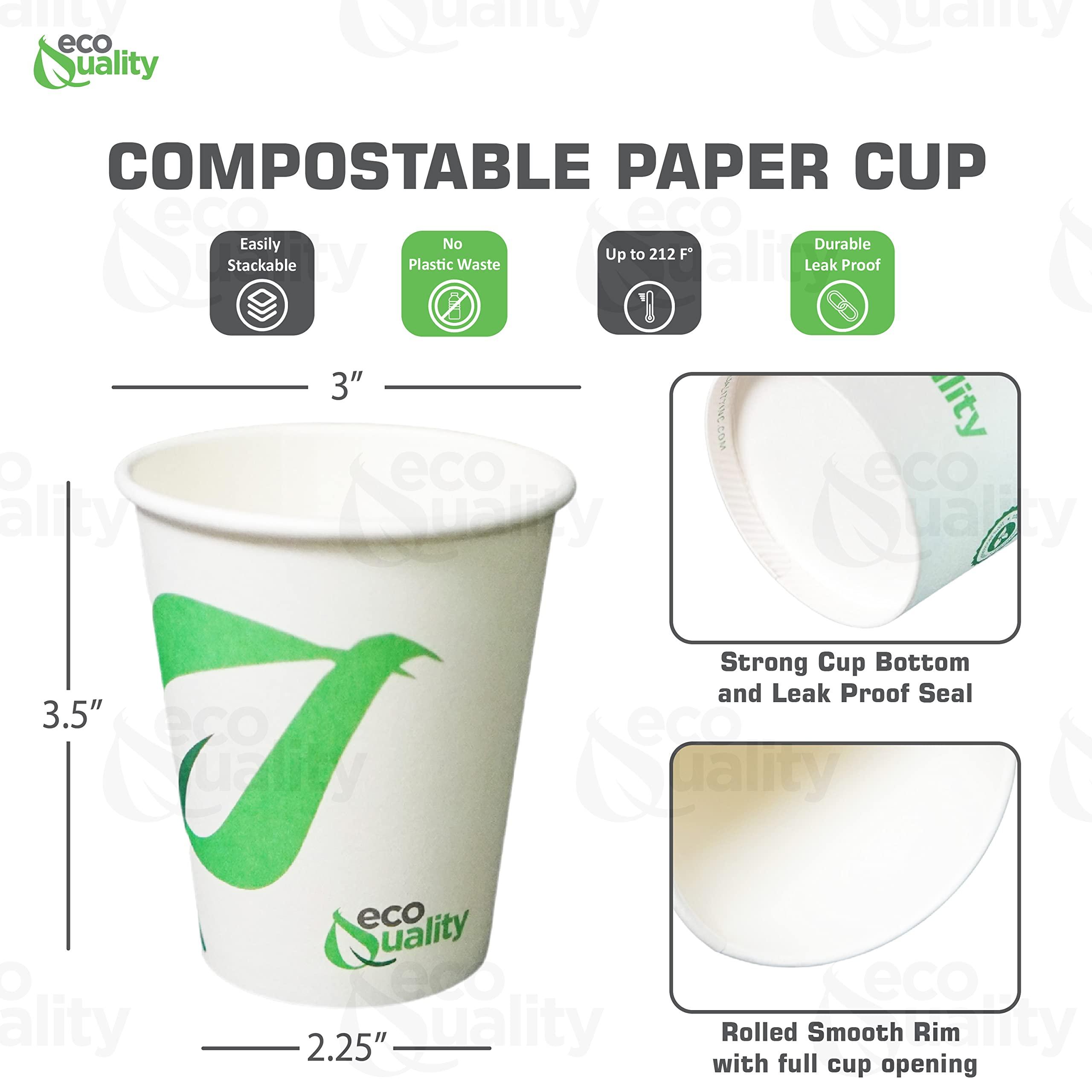 EcoQuality 8 oz Compostable Paper Cups - Biodegradable Disposable White Paper Coffee Cups PLA Lined - Eco-friendly Hot and Cold Drinking Cups for Travel, Picnic, Party and Events (300)