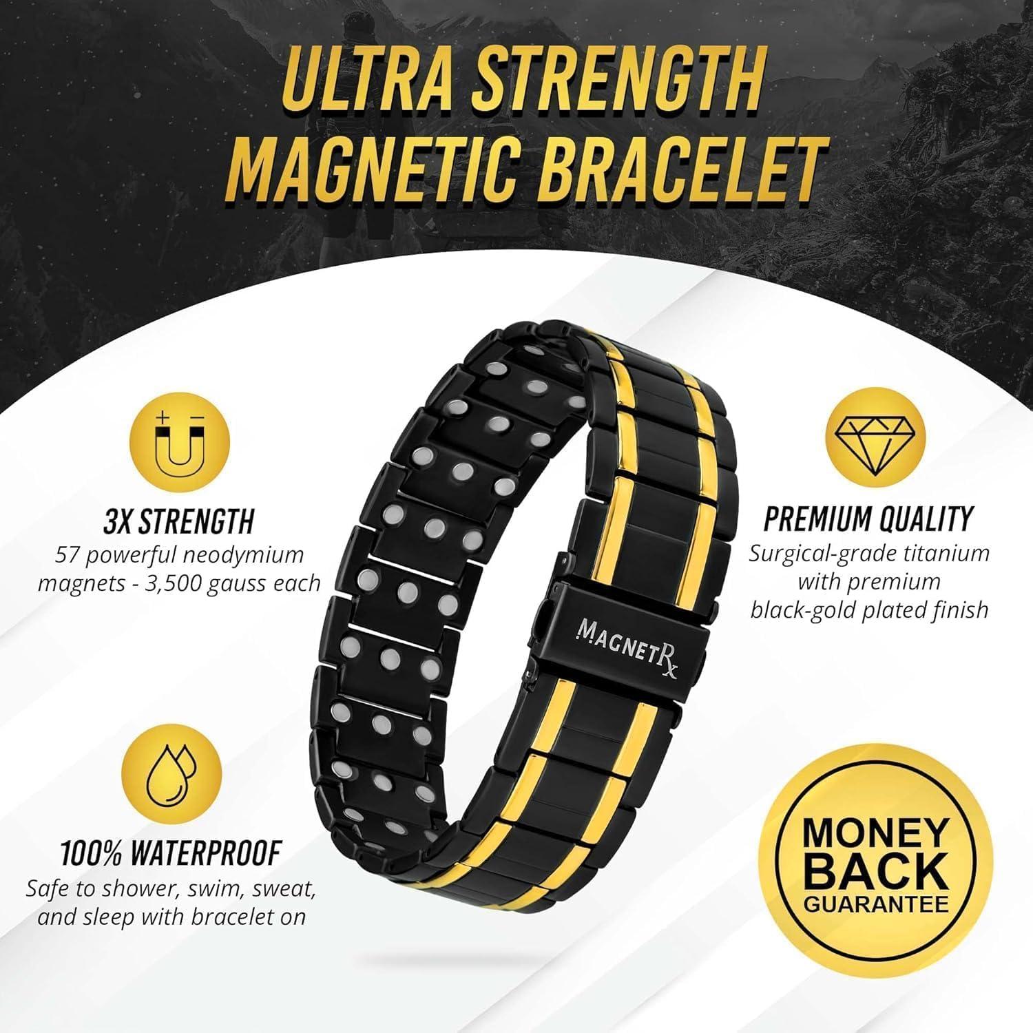 MagnetRX MagnetRX 3X Strength Titanium Magnetic Bracelet Magnetic Bracelets for Men Premium Fold-Over Clasp and Adjustable Length with Sizing Tool (Black/Gold)