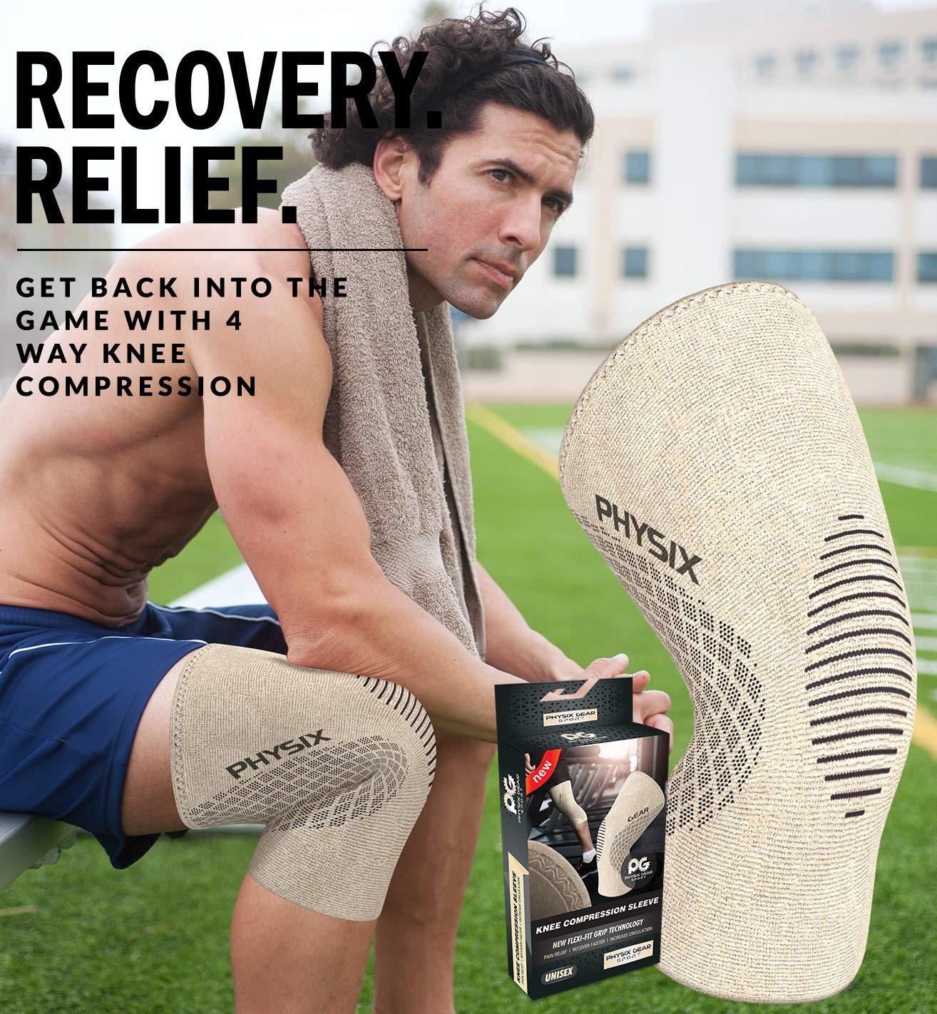 Physix Gear Sport PHYSIX GEAR Knee Support Brace - Premium Recovery & Compression Sleeve for Meniscus Tear, ACL, MCL Running & Arthritis - Best Neoprene Stabilizer Wrap for Crossfit, Squats & Workouts (Single Beige S)