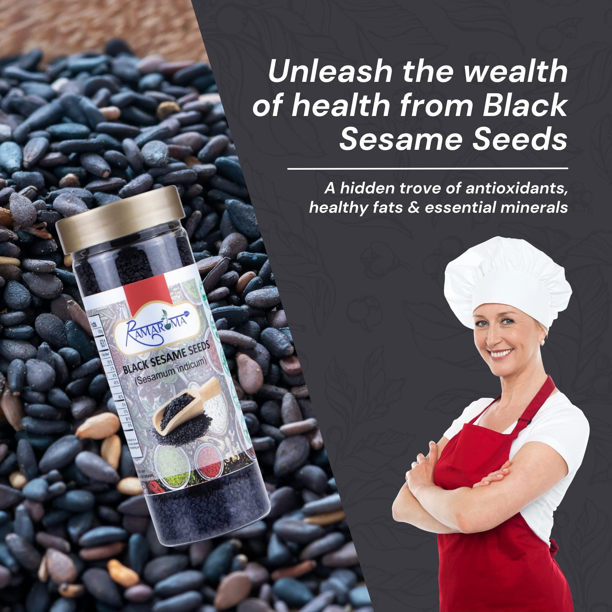 Ramaroma Ramaroma, Organic Black Sesame Seeds (100g/3.5oz) Non-GMO, Vegan | Raw Sesame Seeds | Sesamum indicum | Sesame Seeds Whole Black | Perfect for Stir-fries, Salads, Baking & Cooking