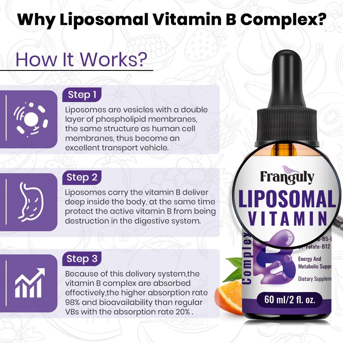 Franguly Liposomal Vitamin B Complex Liquid Sublingual B Complex Vitamins Supplement for Women Men Improved Absorption Methylated B12,B1, B2, B3, B5, B6,Folate,Biotin for Energy & Immune Support-6.0 oz