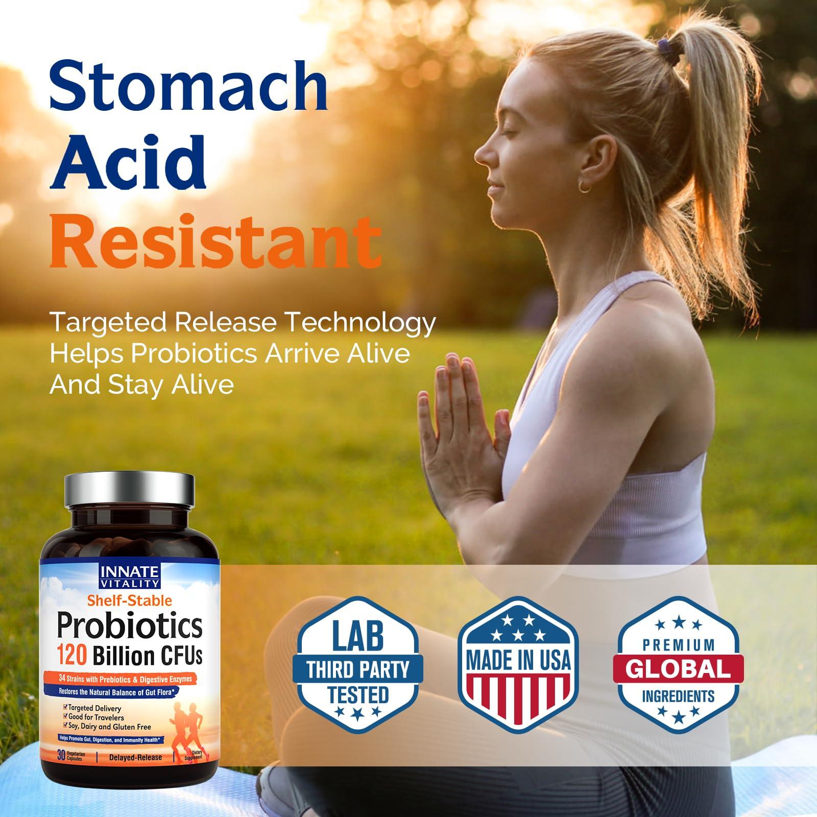 Innate Vitality Innate Vitality Probiotics 120 Billion CFUs for Men & Women, 34 Strains with Prebiotics & Digestive Enzymes, Immune & Digestive Health, Delayed Release, Shelf Stable, 30 Vegan Capsules