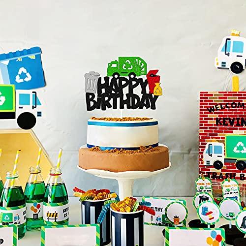 YOYMARR Garbage Truck Cake Topper Happy Birthday Sign Cake Decorations for Trash Green Recycling Truck Themed Bday Party Supplies