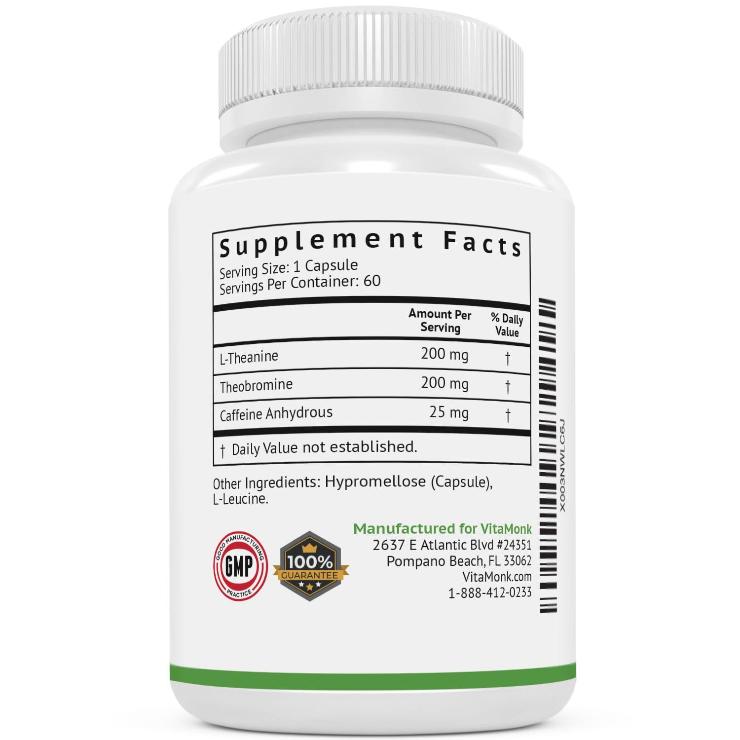 VitaMonk VitaMonk Low Dose Caffeine and Theanine - No Jitters, No Crash- Microdose of Caffeine L Theanine Pills with Caffeine Theanine and Theobromine - 25mg of Caffeine, Caffeine Pills L Theanine - 60 Caps