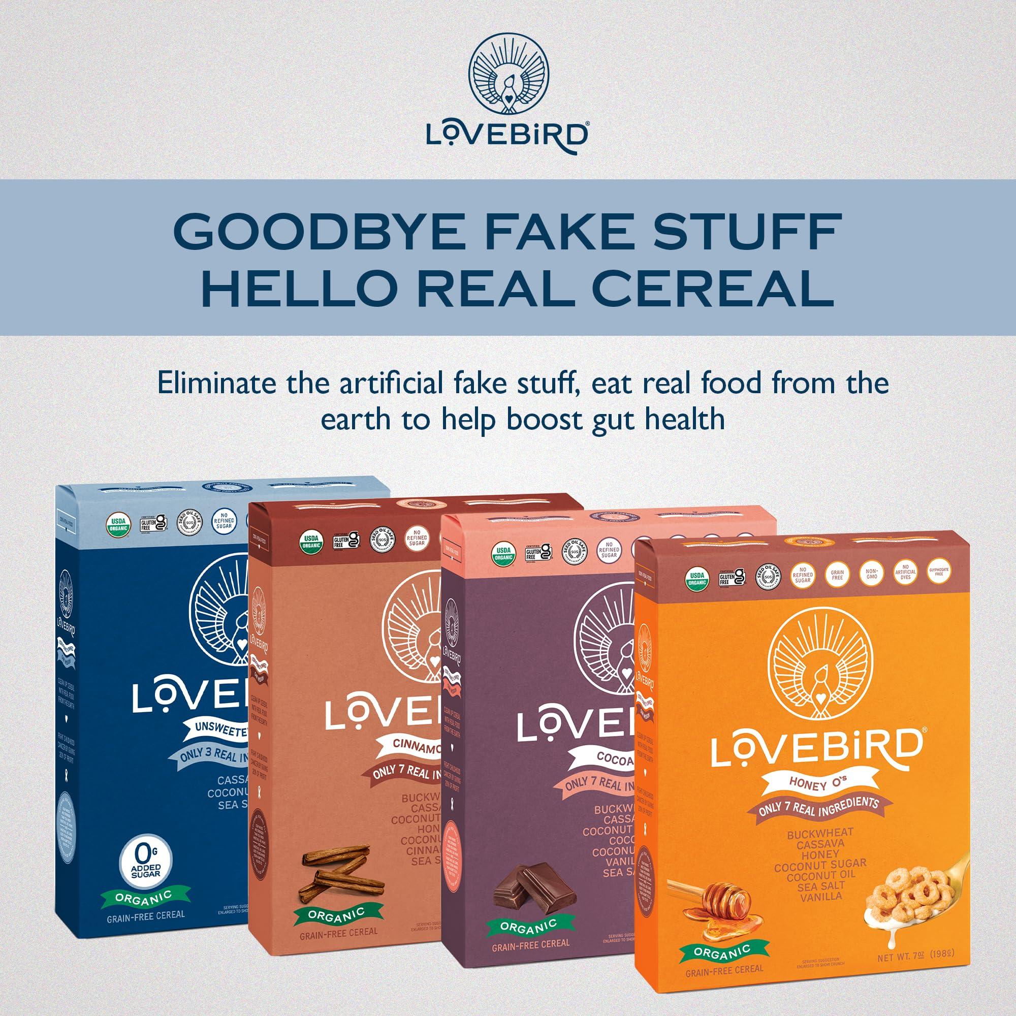 Lovebird Lovebird Gluten & Grain Free Cereal Variety 6 Pack - Organic AIP Food, Paleo Dairy Free, No Refined Sugar Breakfast Cereals | Healthy Snacks for Kids, Adults - Cacao, Honey, Cinnamon, Unsweetened