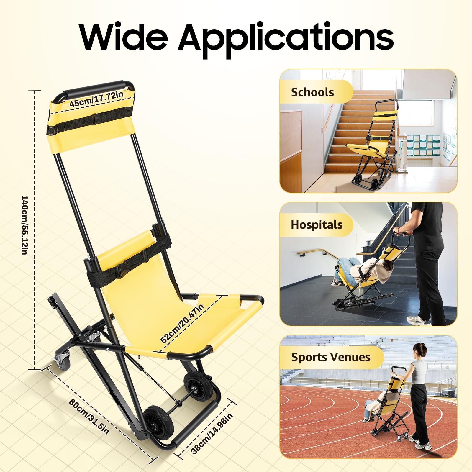 YINZINR Portable Folding Stair Chair, Lift Climbing Stair Chair for Ambulance Firefighter Evacuation Use, w/Adjustable Headrest & Safety Belts, 350 Lbs Capacity