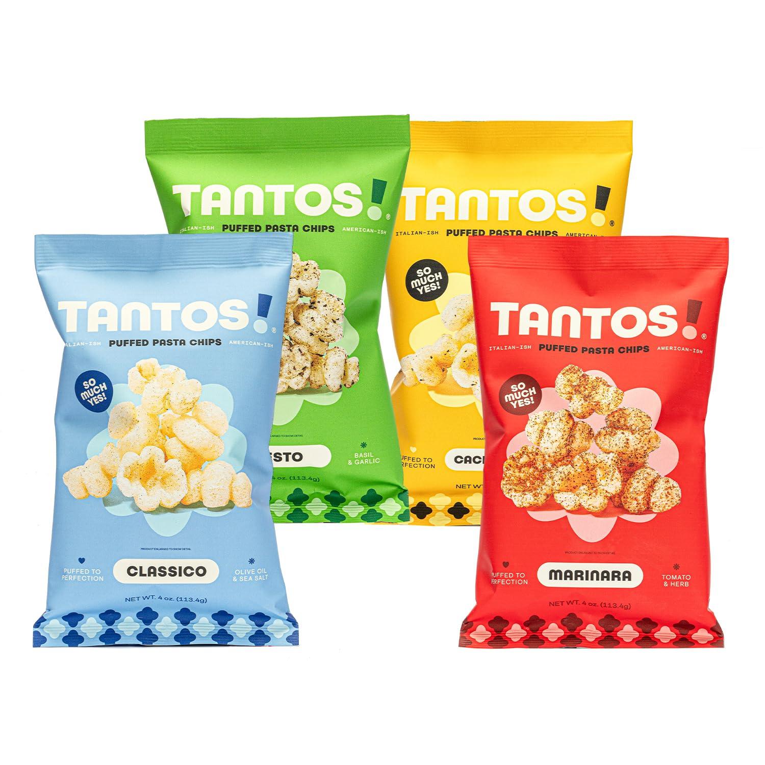 Tantos Tantos! Puffed Pasta Chips Variety Pack - Gourmet Italian Snacks - 4 oz Bags (12 Pack) - Pizzeria Style Chips with Marinara, Pesto, Cacio e Pepe, Classico - Chef Created Office & Kids Lunch Snacks