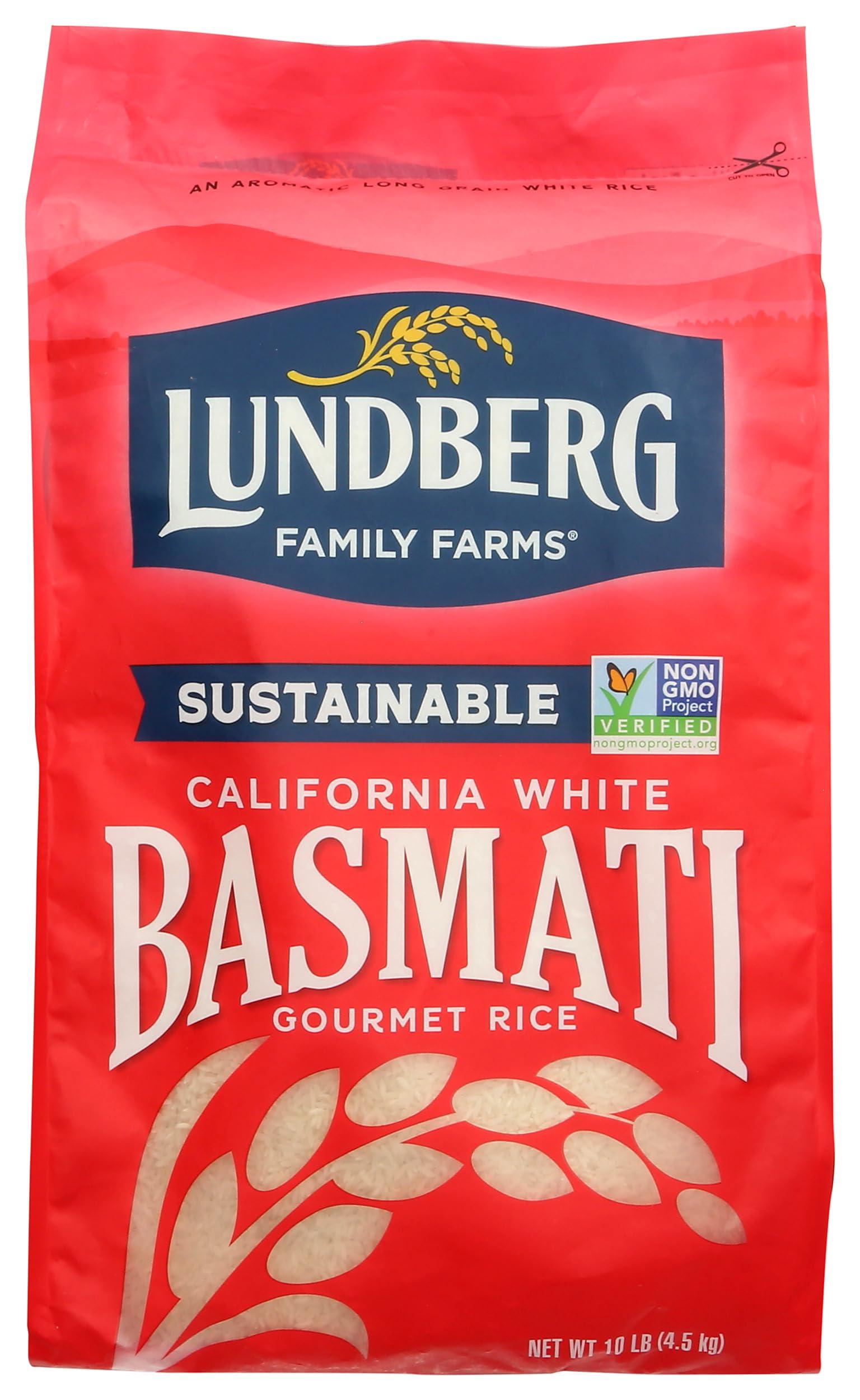Lundberg Lundberg Family Farms - White Basmati Rice, Premium Long Grain Bulk Rice, Non-Sticky Texture, California-Grown, Light Flavor, Pleasant Aroma, Gluten-Free, Non-GMO, Vegan, Kosher (10lb)